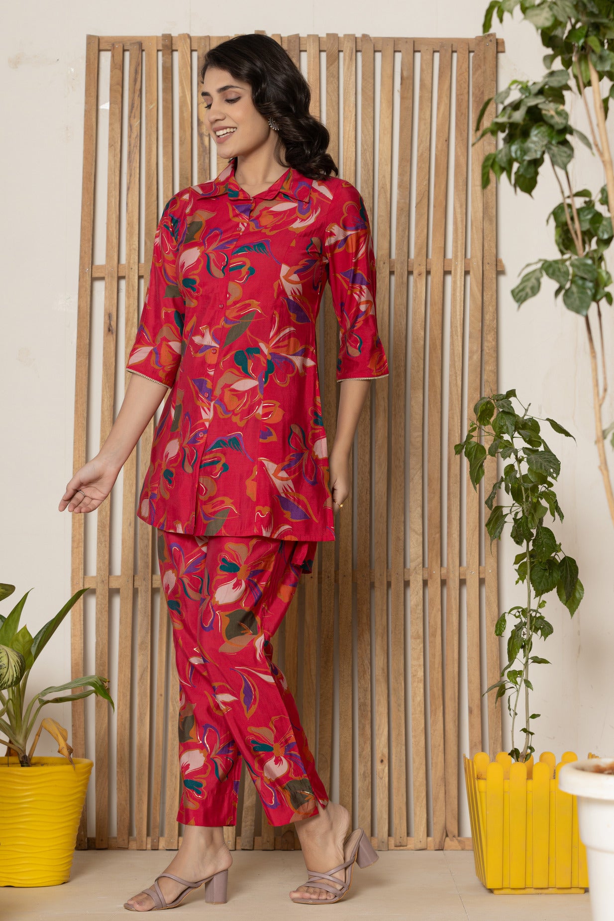 Red With Floral Printed Maslin Co-Ord Set