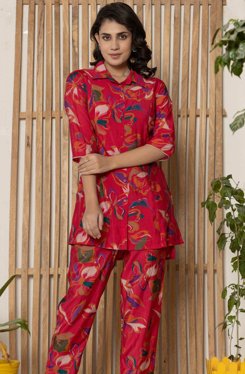 Red With Floral Printed Maslin Co-Ord Set