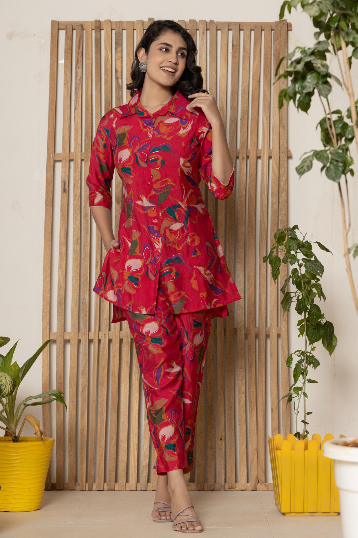 Red With Floral Printed Maslin Co-Ord Set