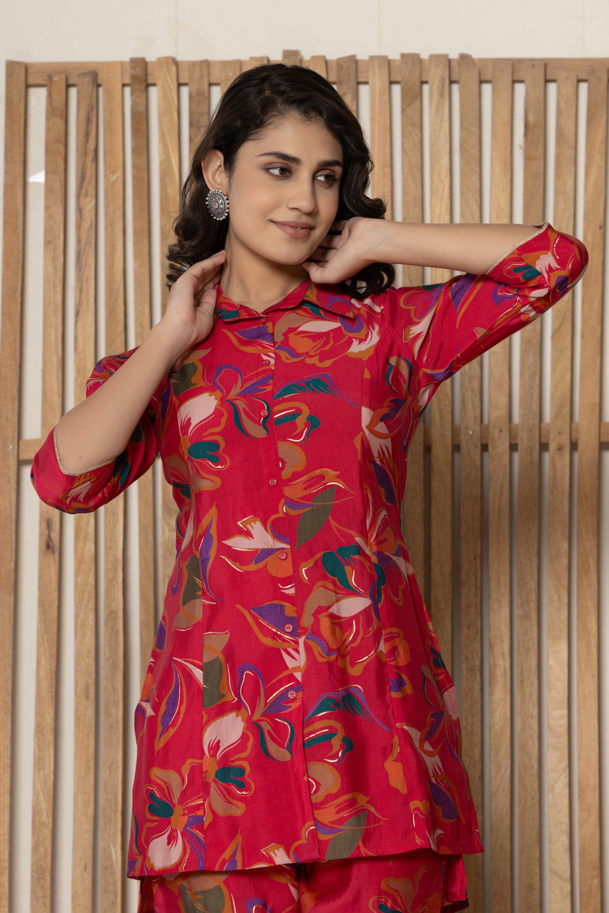 Red With Floral Printed Maslin Co-Ord Set