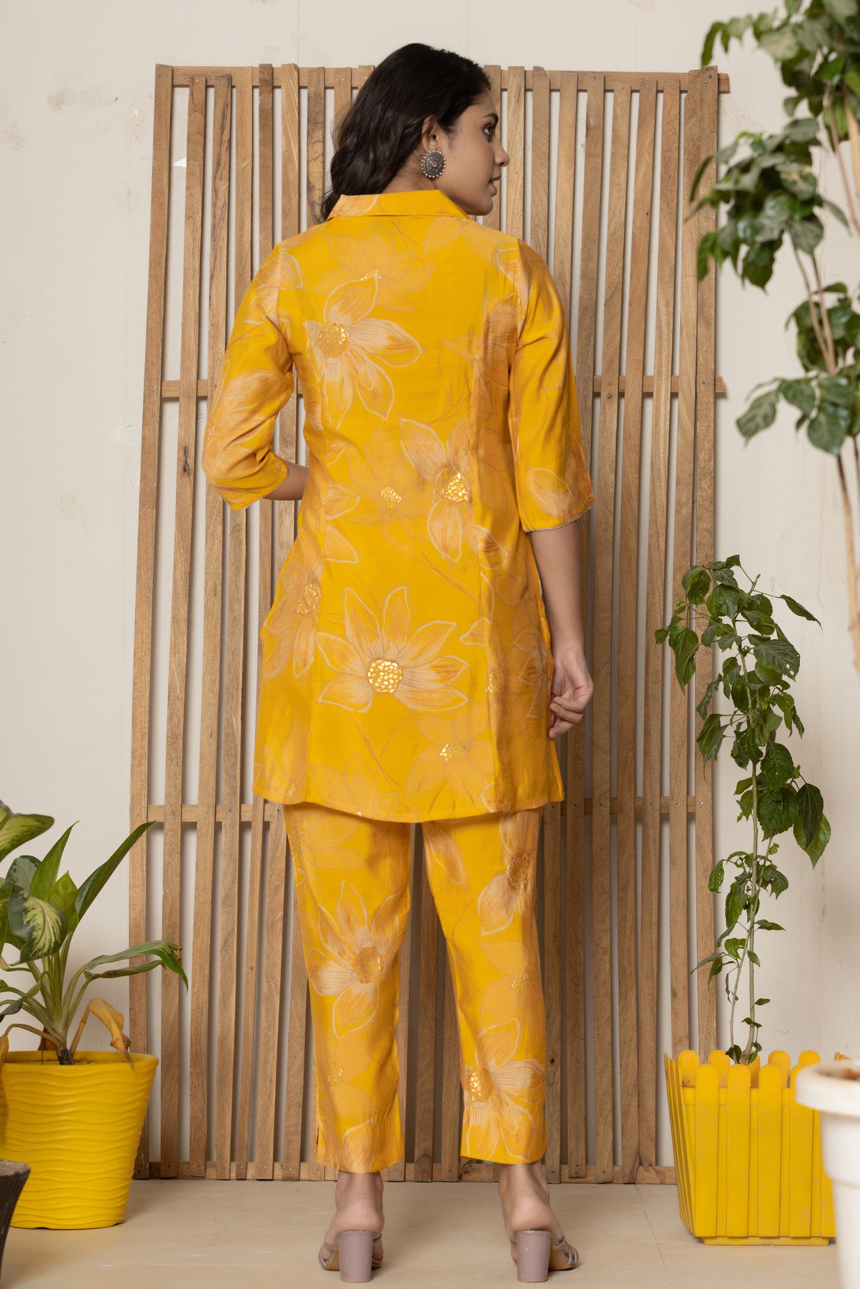 Golden Yellow With Floral Printed Maslin Co-Ord Set