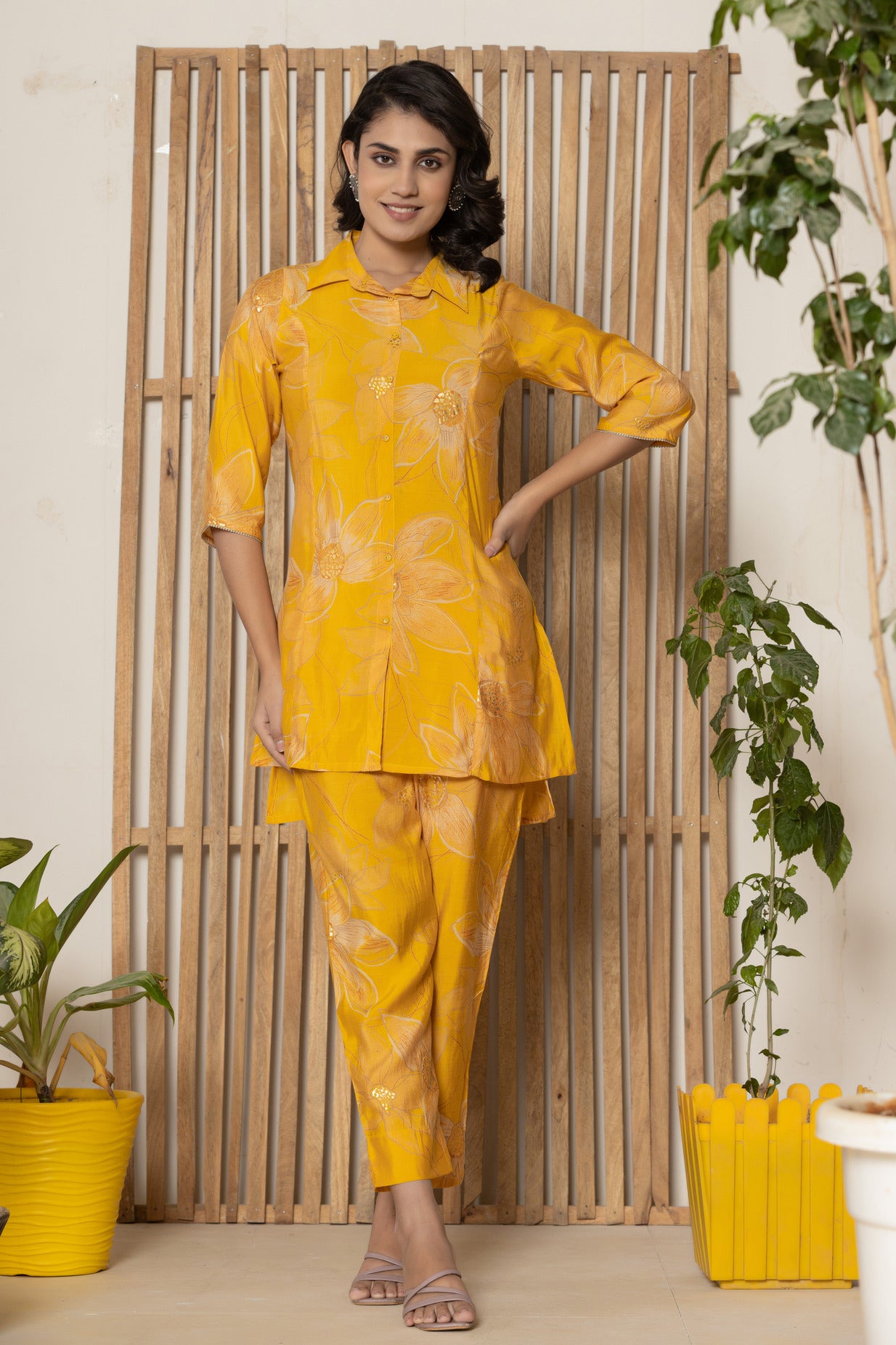 Golden Yellow With Floral Printed Maslin Co-Ord Set