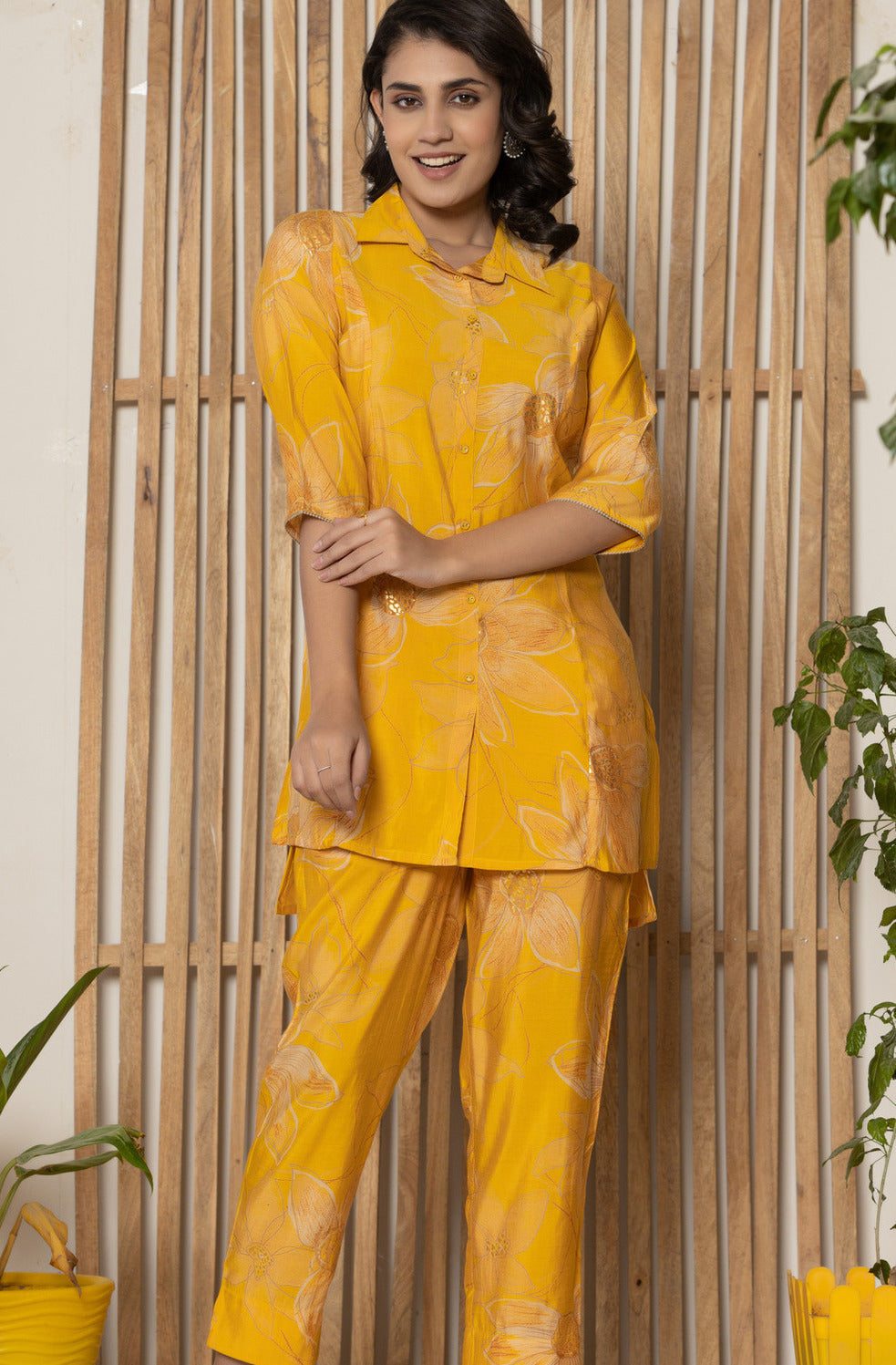 Golden Yellow With Floral Printed Maslin Co-Ord Set