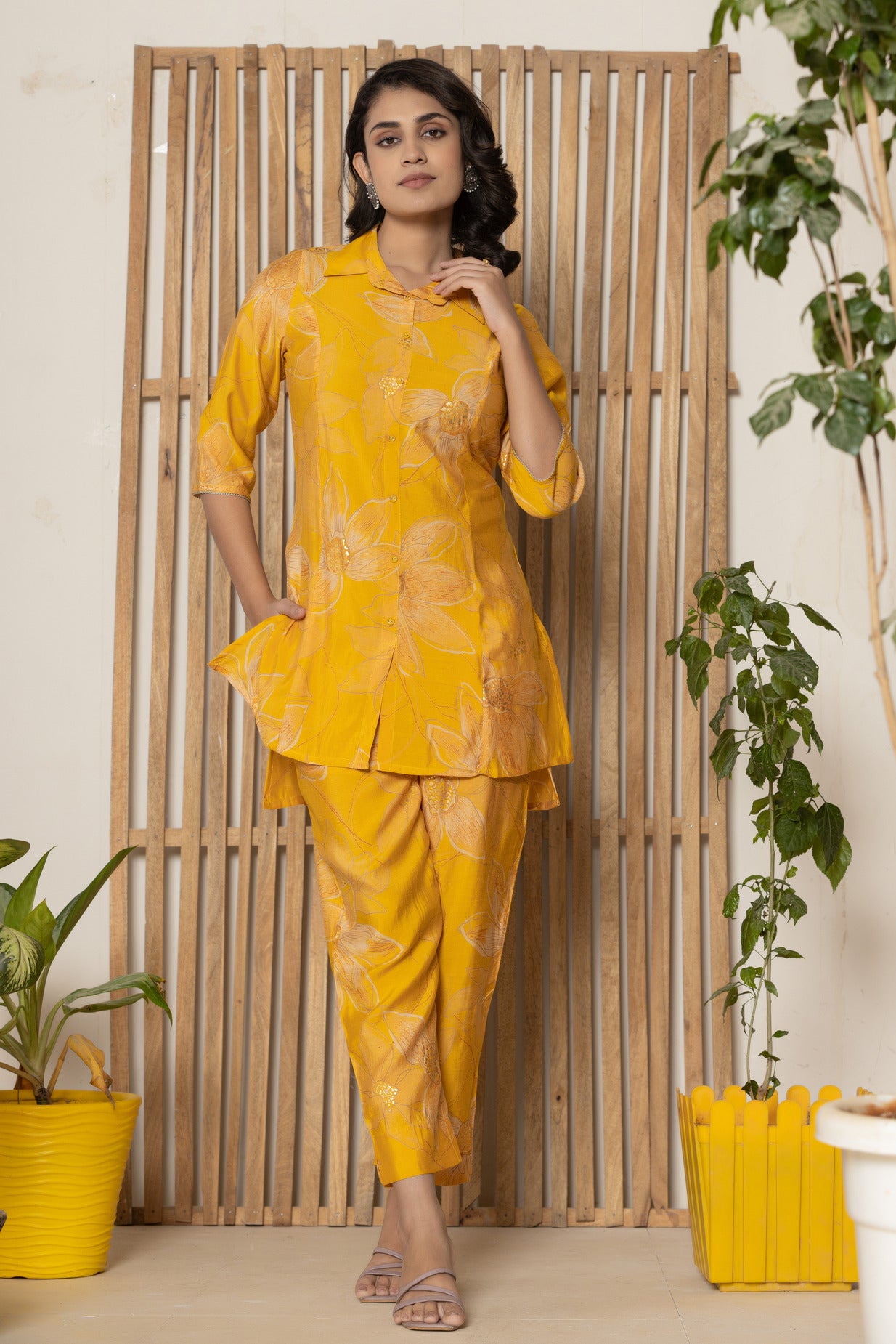 Golden Yellow With Floral Printed Maslin Co-Ord Set