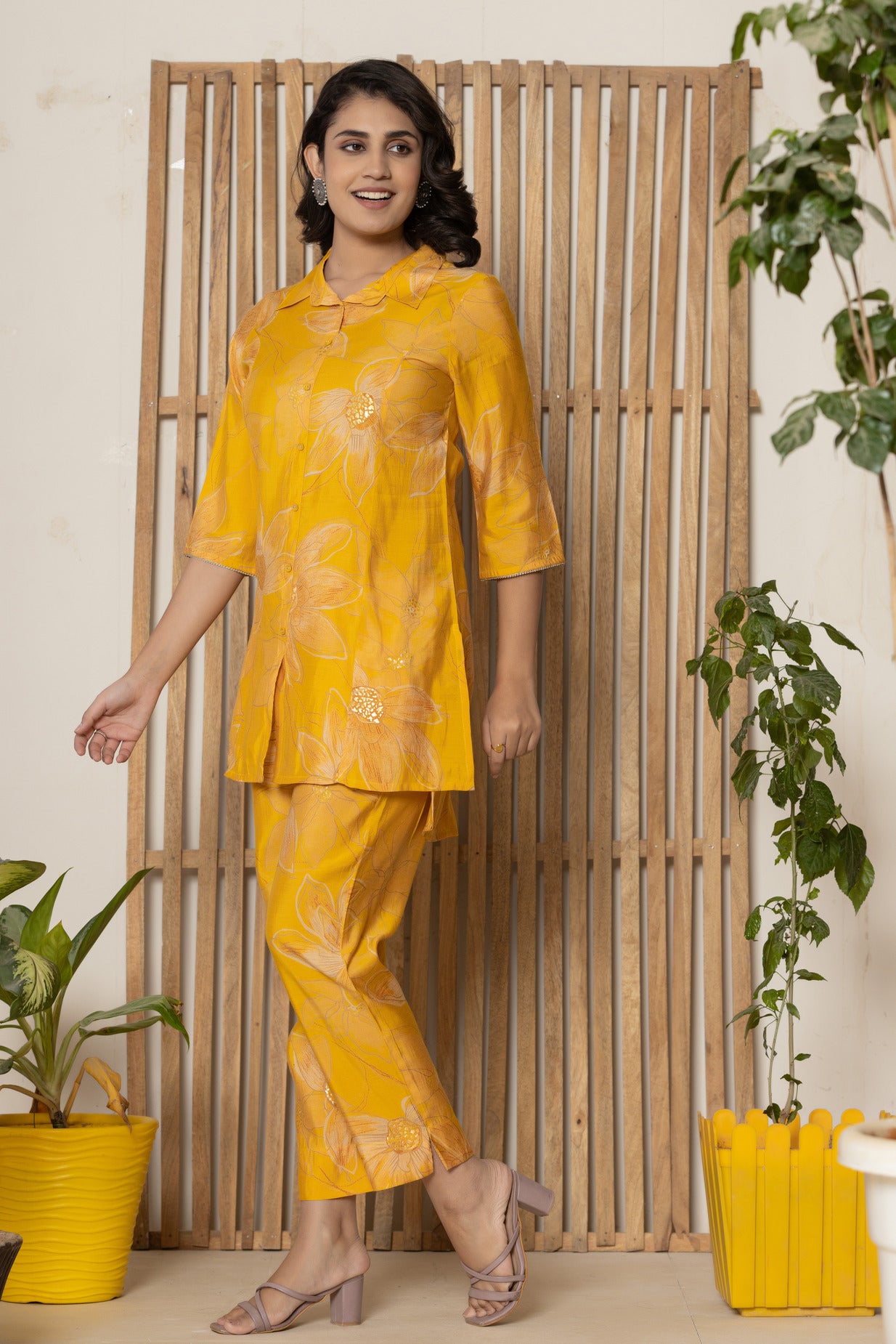 Golden Yellow With Floral Printed Maslin Co-Ord Set