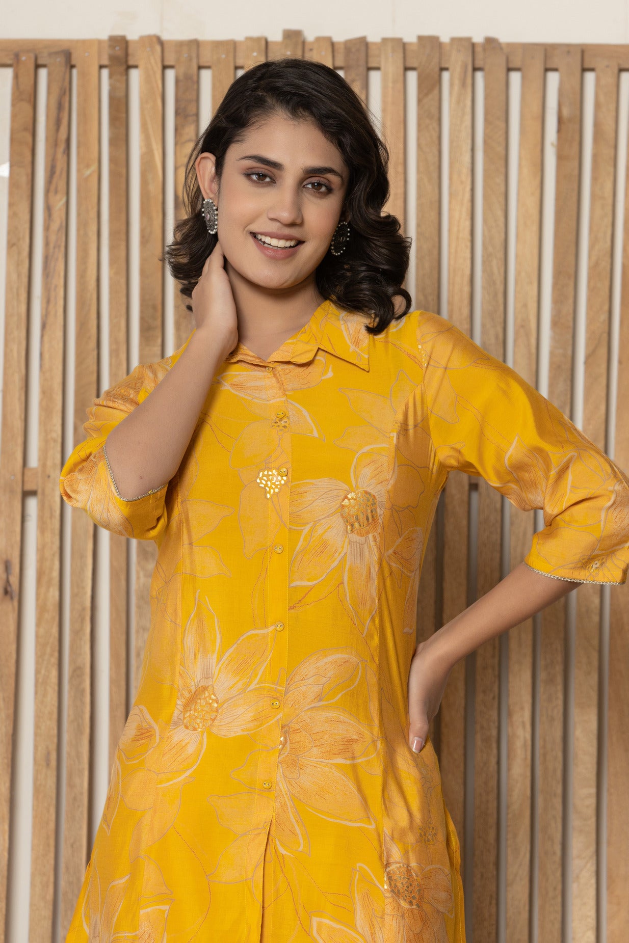 Golden Yellow With Floral Printed Maslin Co-Ord Set