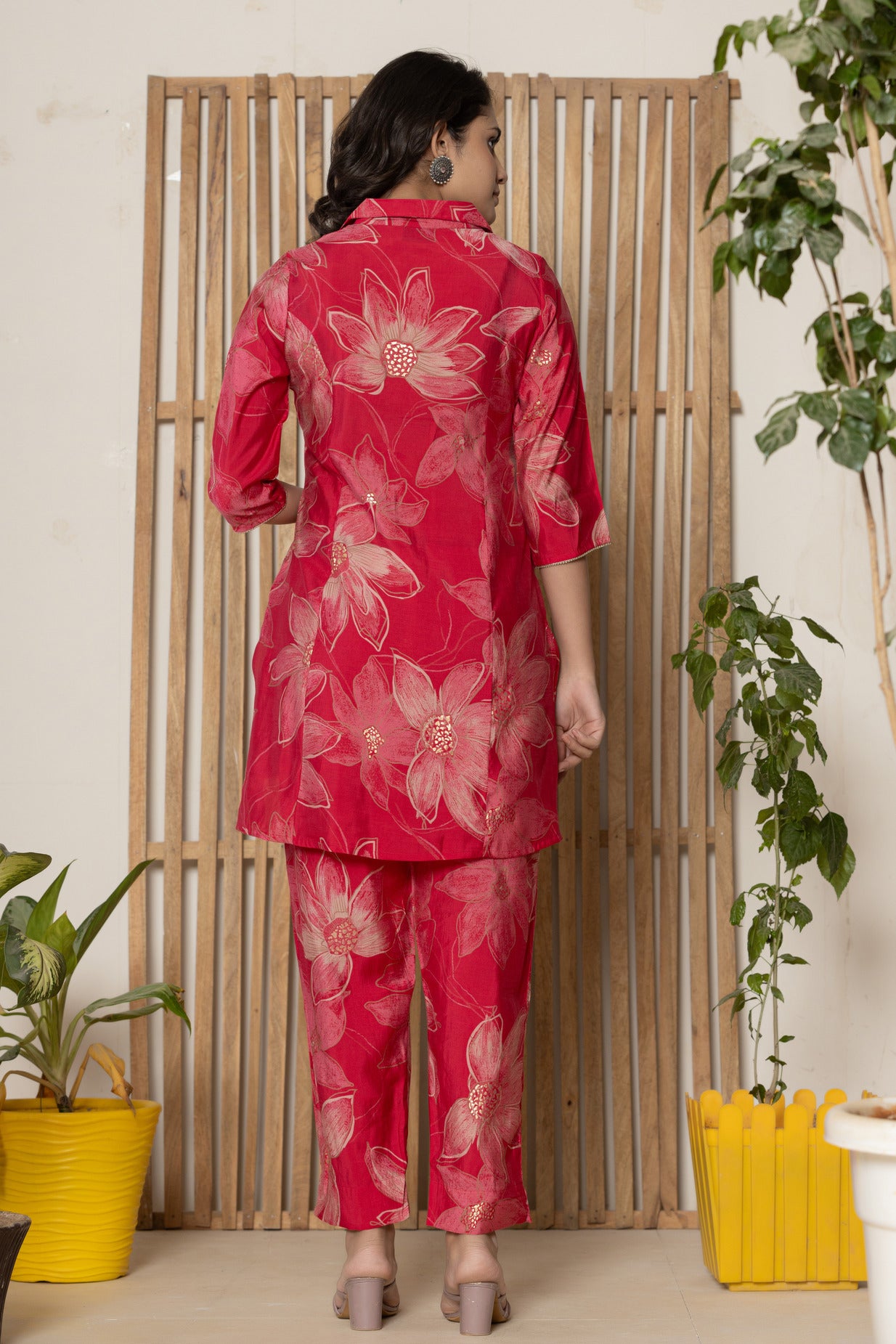 Red With Floral Printed Maslin Co-Ord Set