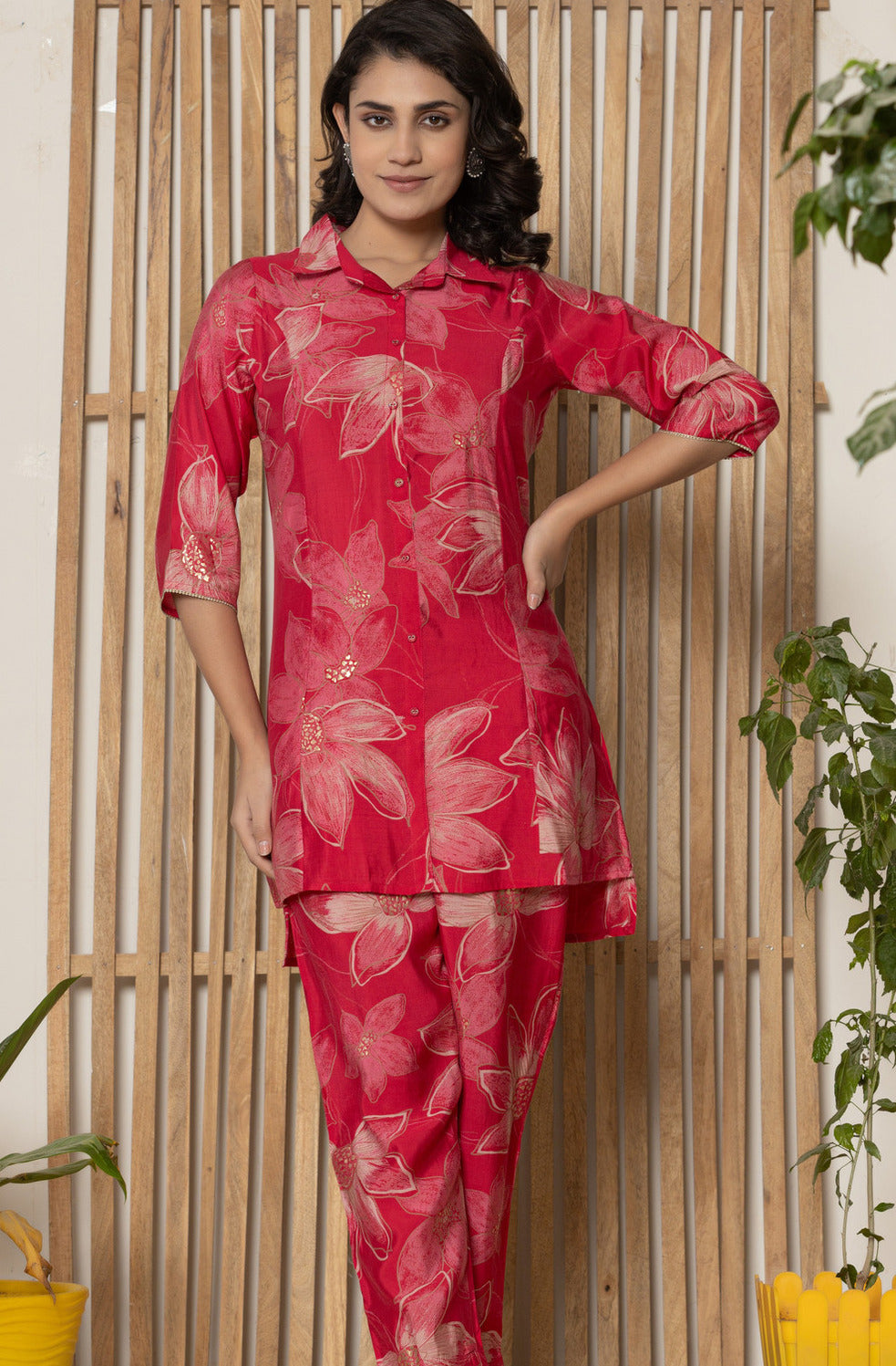 Red With Floral Printed Maslin Co-Ord Set