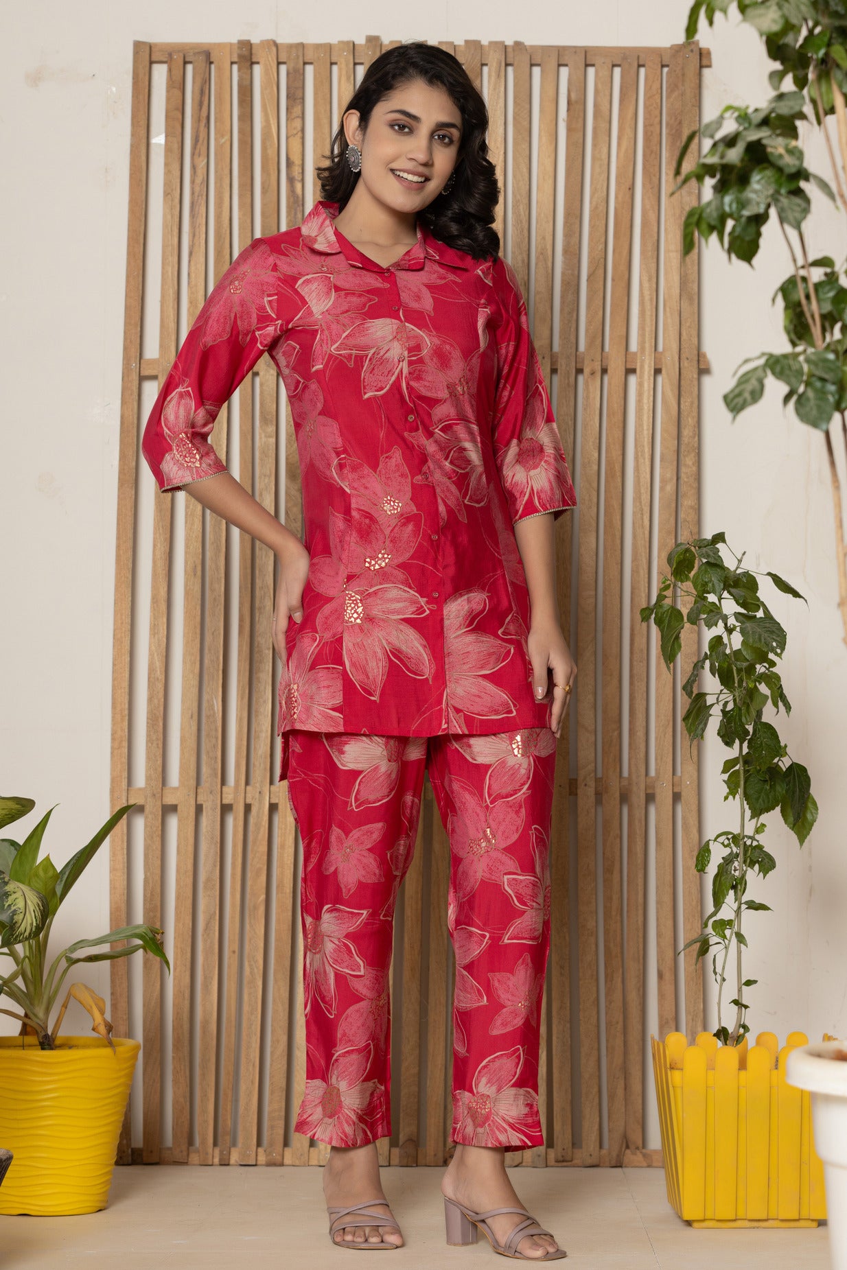 Red With Floral Printed Maslin Co-Ord Set