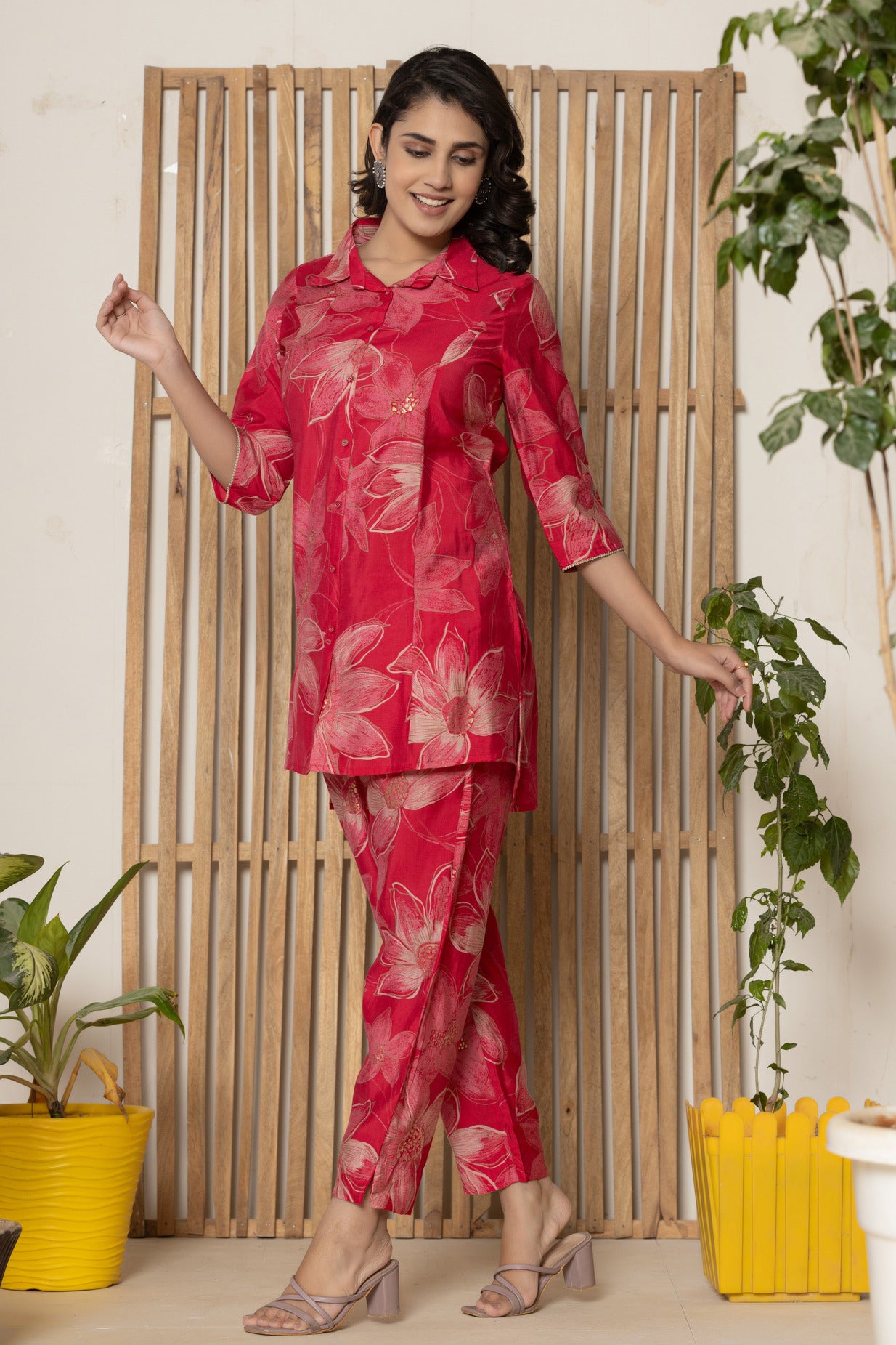 Red With Floral Printed Maslin Co-Ord Set