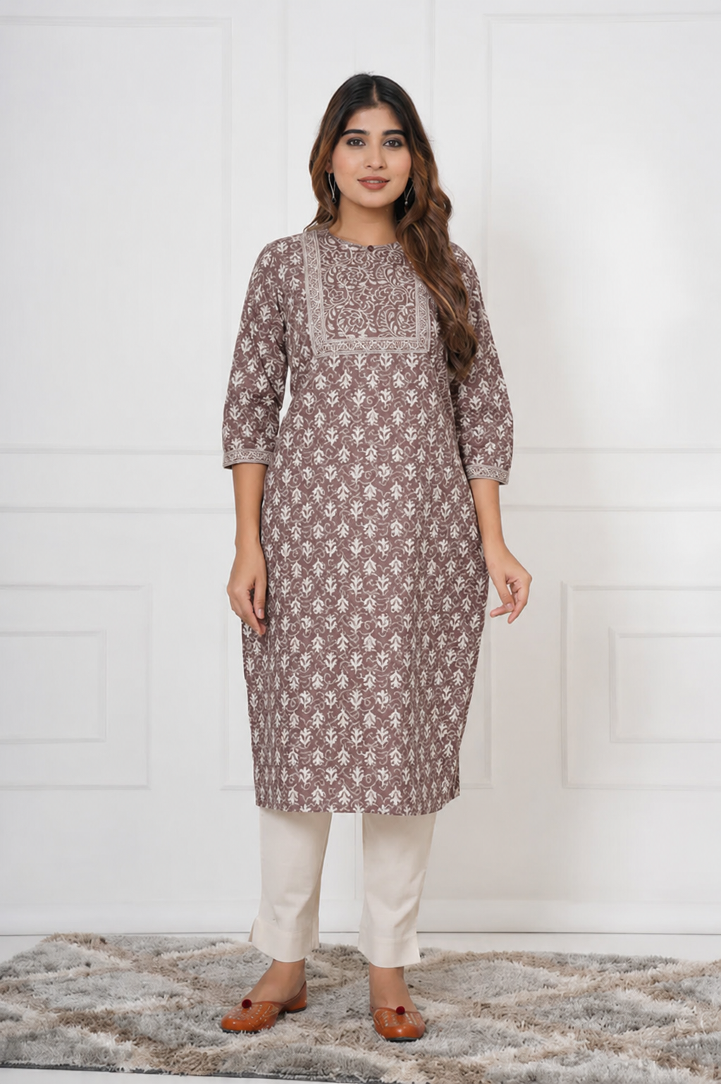 Traditional Bagru Hand Block Printed Kurti (Brown, Floral)
