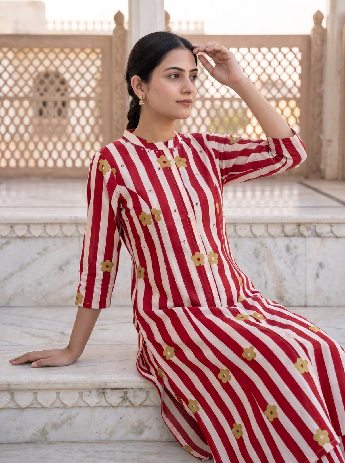Vertical Stripe Pattern With Delicate Floral Motifs Mandarin Collar Kurti For Women - Red & White
