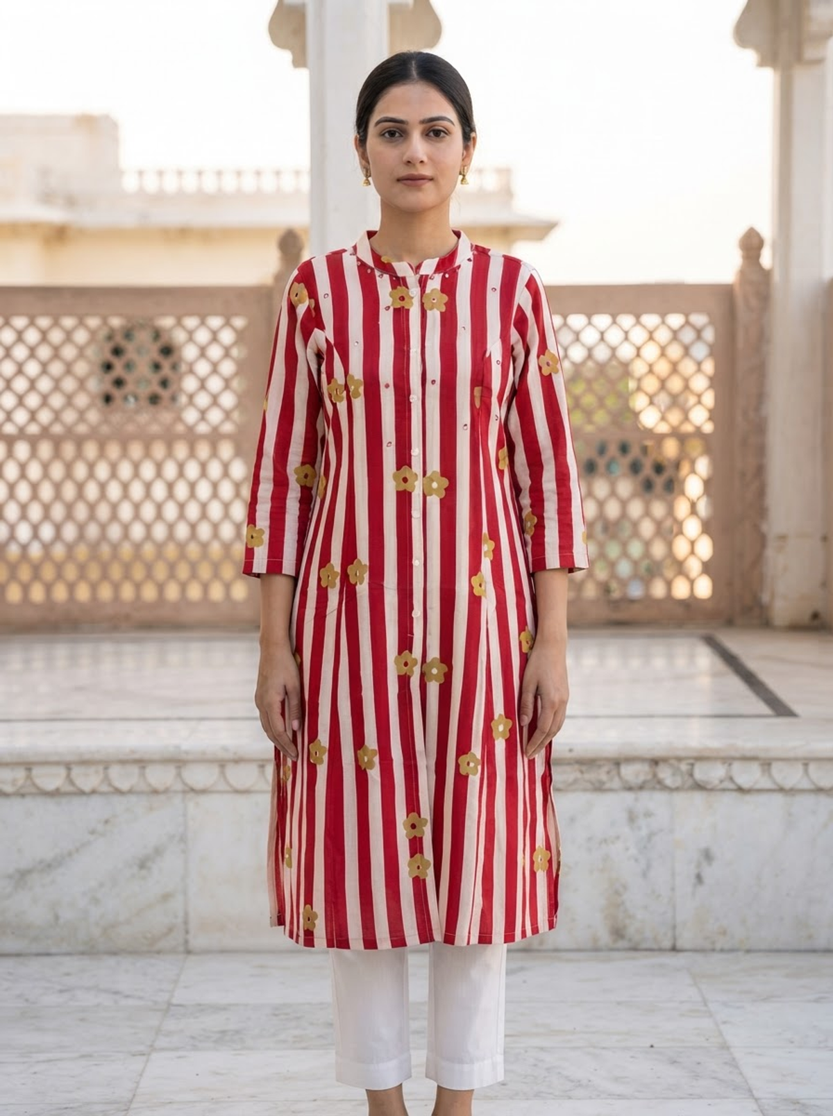 Flower Printed on Stripped Kurtis Daily SImple Cotton Kurti for Women - Red and White