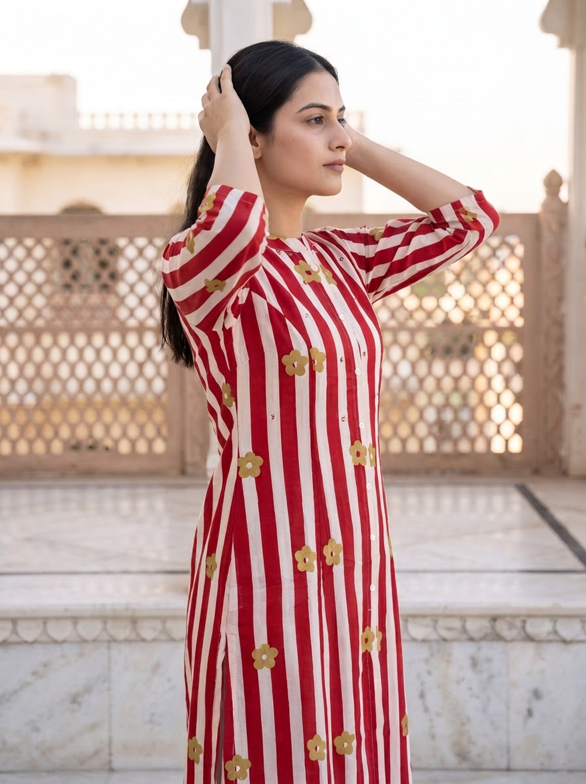 Vertical Stripe Pattern With Delicate Floral Motifs Mandarin Collar Kurti For Women - Red & White