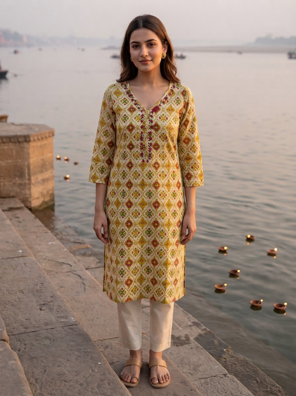 Diamond-Inspired Geometric Printed Straight-fit Kurti For Women