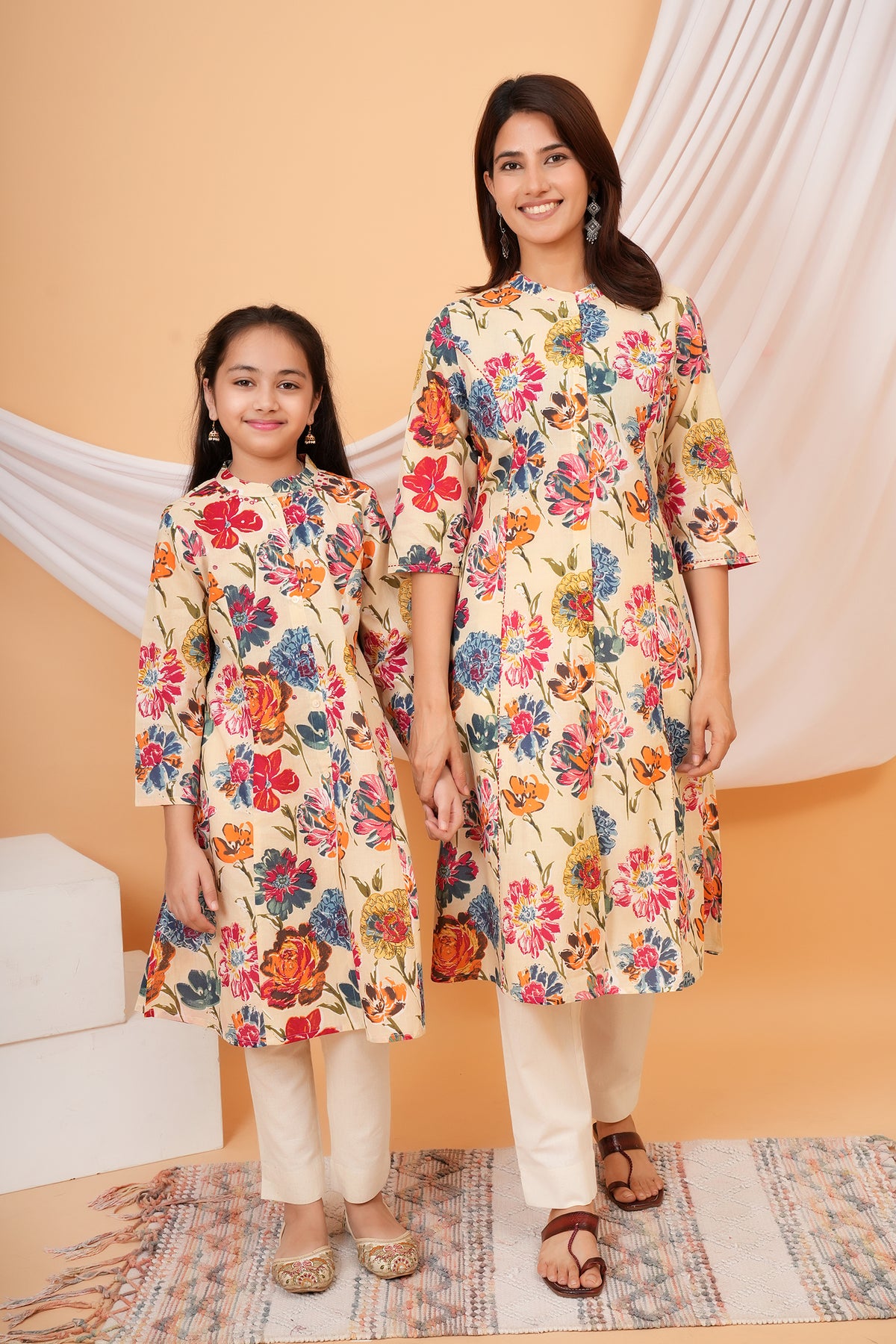 Painted Floral Printed Mandarin Collar Kurti For Maa Beti Duo - Cream