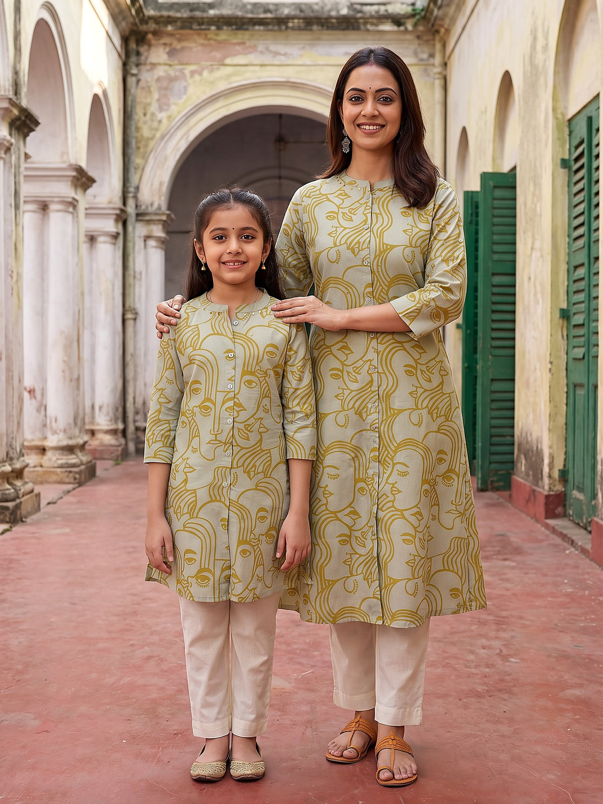 Maa Beti Sage Green face art kurti - front