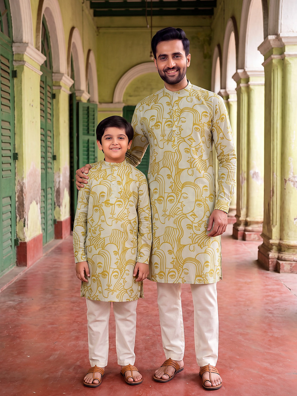 Baap Beta Sage Green face art kurta - front