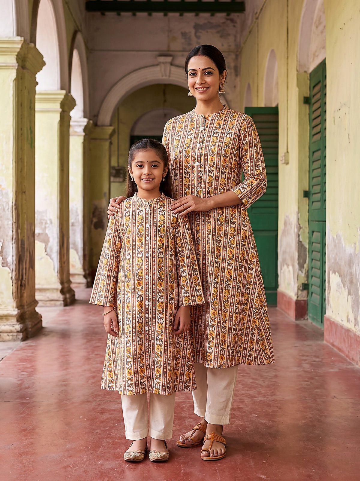 Mother and daughter in matching ivory and yellow floral kurtis