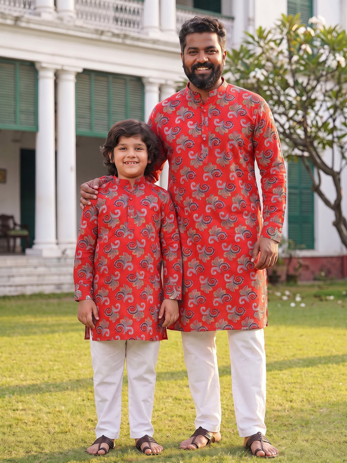 Father and son in matching bold red floral kurtas