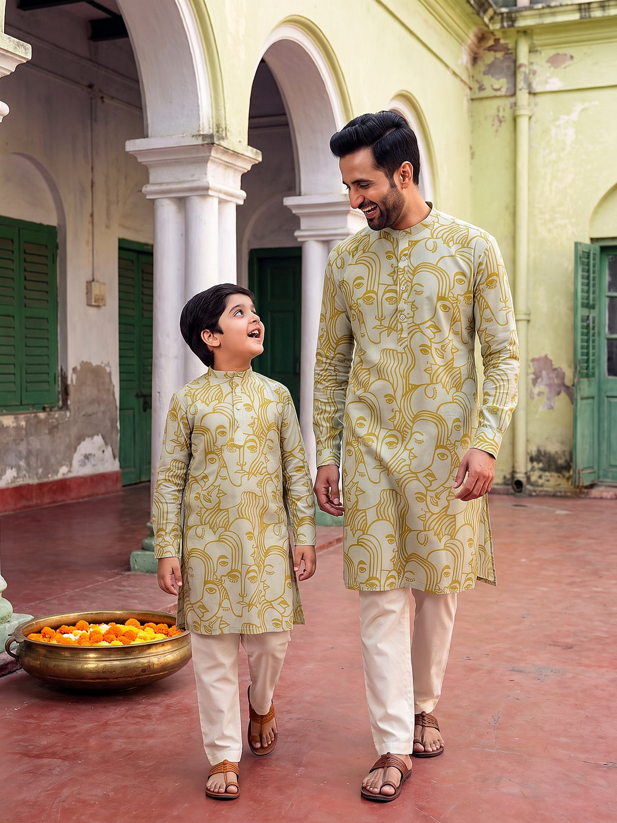 Baap Beta Sage Green face art kurta - together