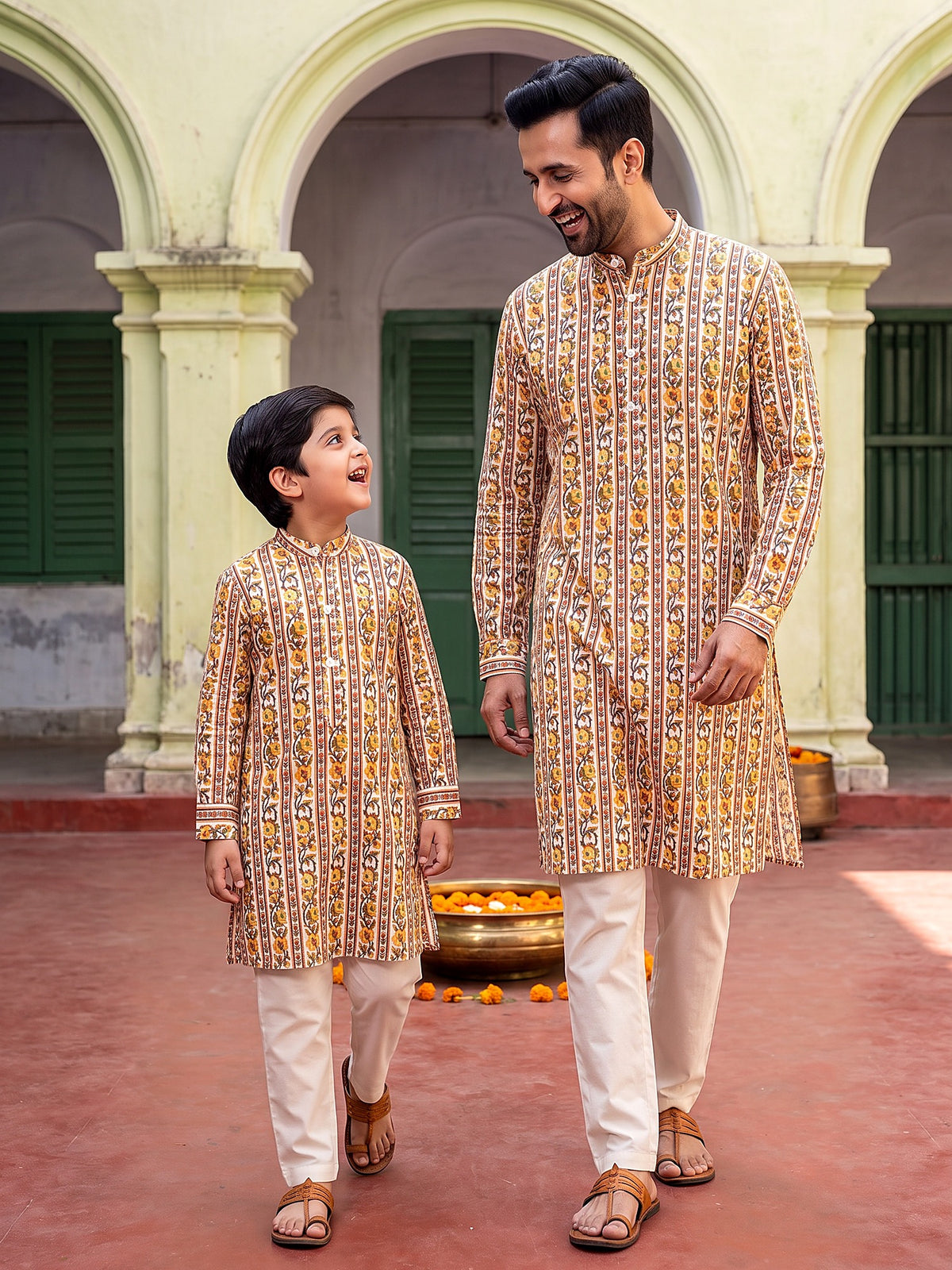 Baap Beta Ivory Yellow floral kurta - together