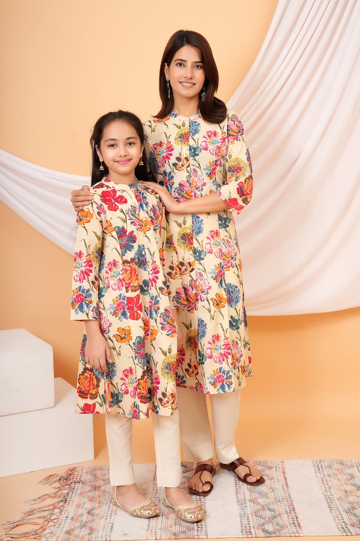 Painted Floral Printed Mandarin Collar Kurti For Maa Beti Duo - Cream