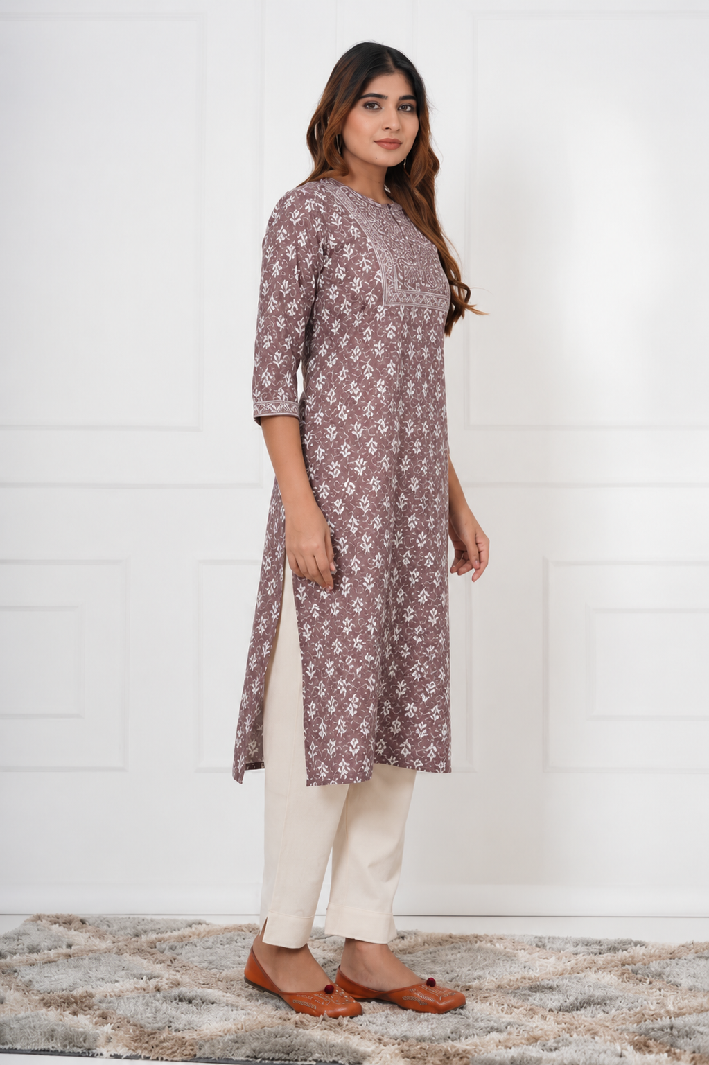 Traditional Bagru Hand Block Printed Kurti (Brown, Floral)