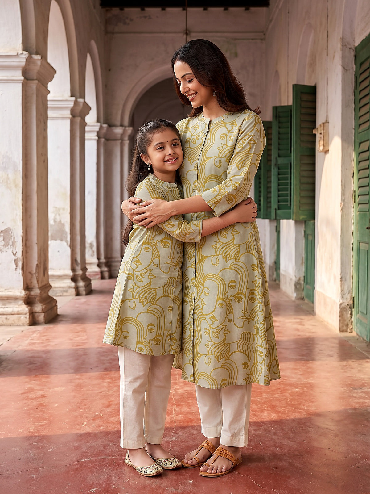 Maa Beti Sage Green face art kurti - hug