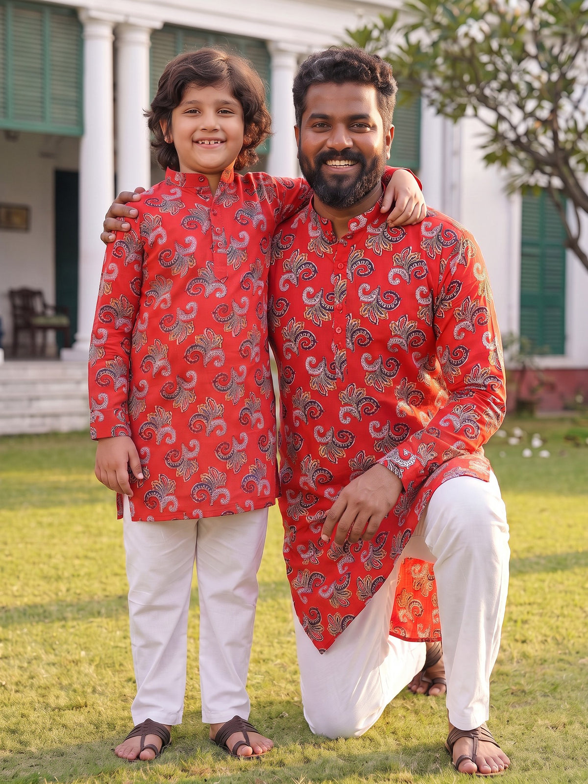Father and son playful pose in matching red kurtas