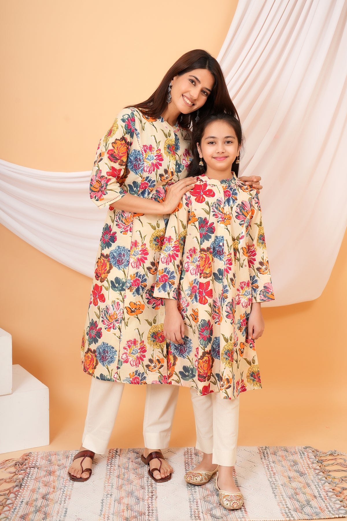 Painted Floral Printed Mandarin Collar Kurti For Maa Beti Duo - Cream