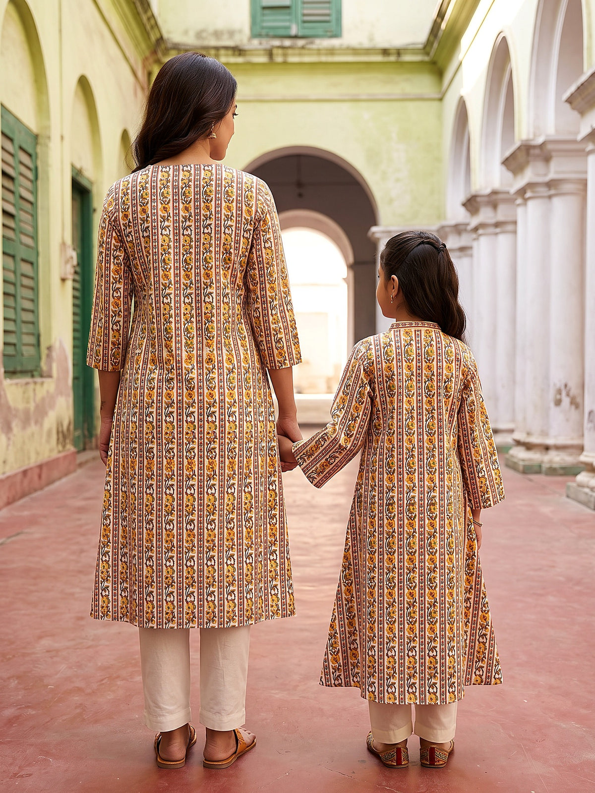 Back view of ivory and yellow floral kurtis