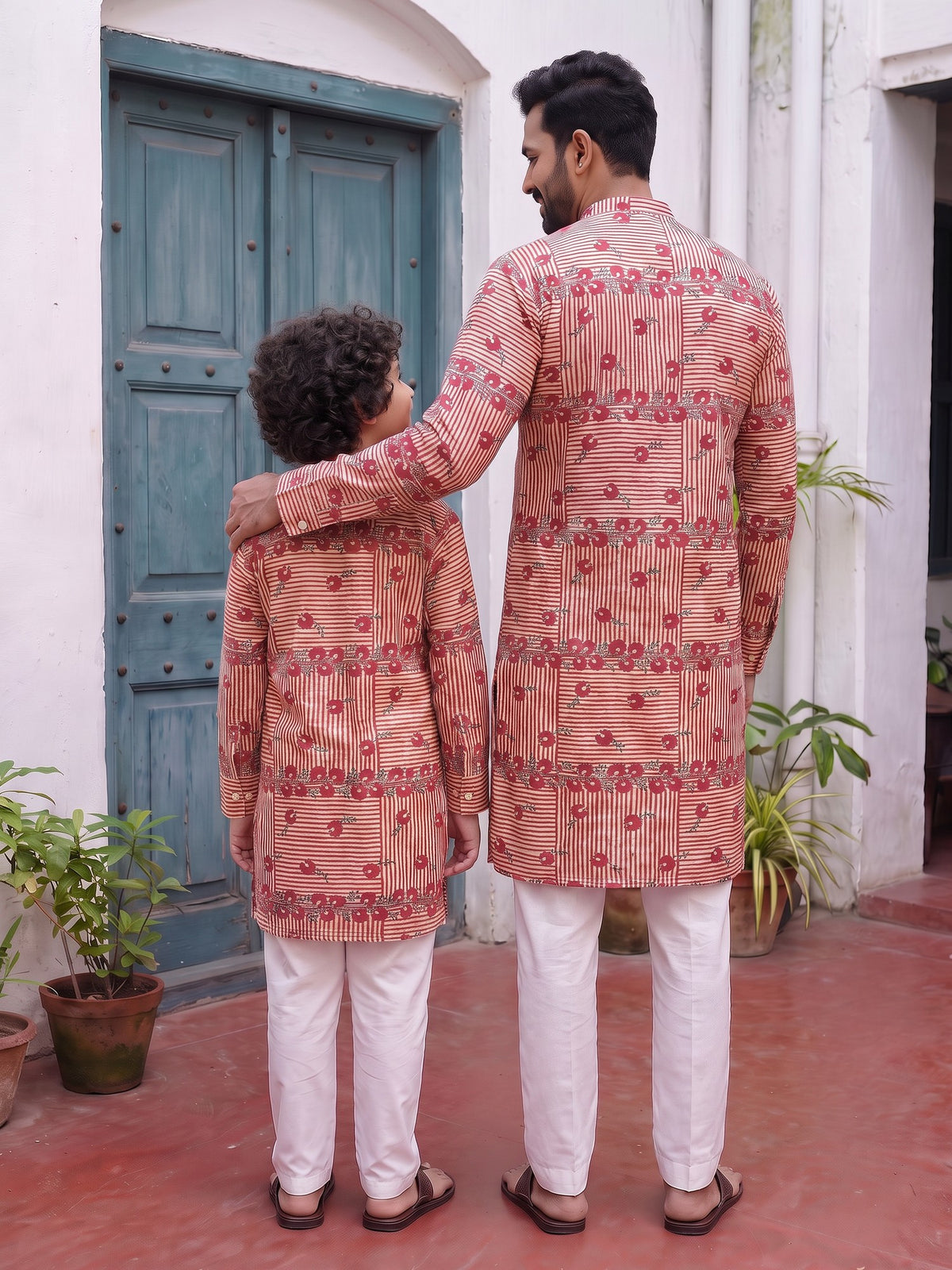 Back view of red stripe floral kurtas