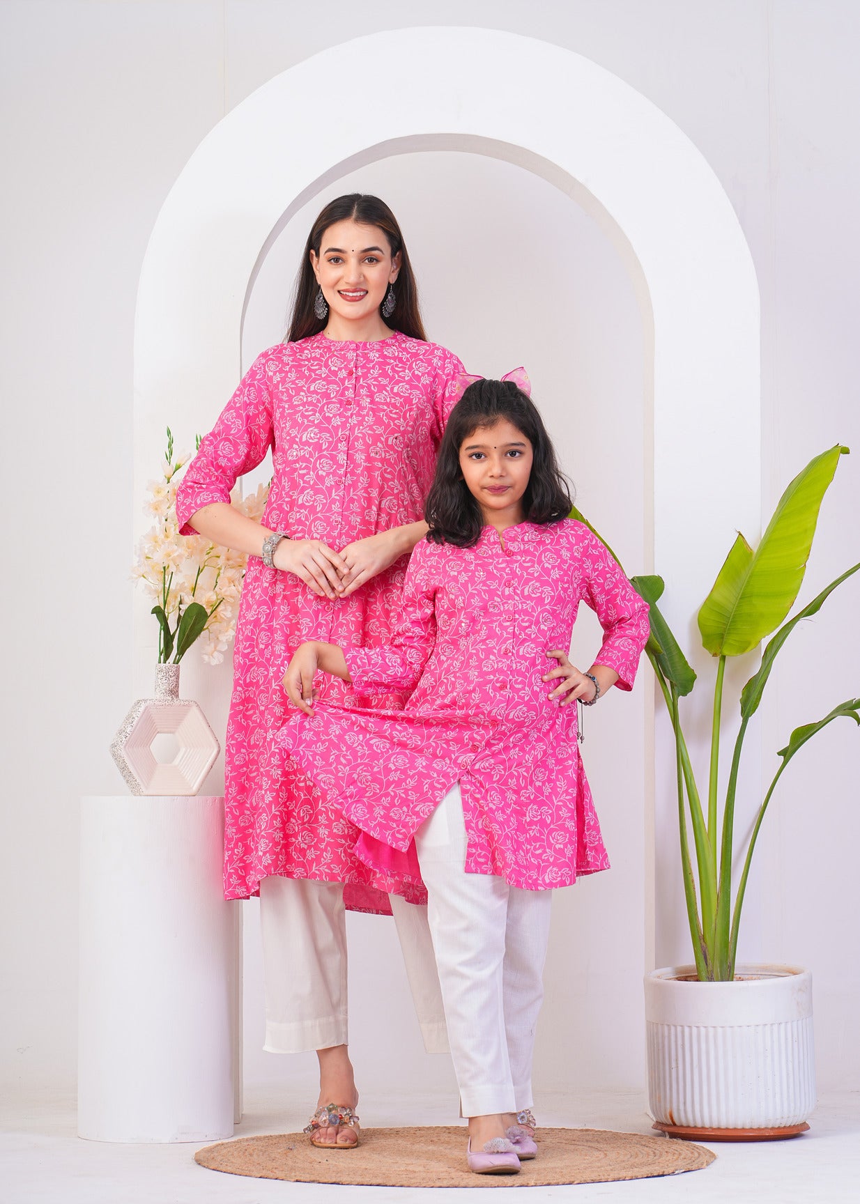 Pink With White Floral Print Rayon Fabric Kurti