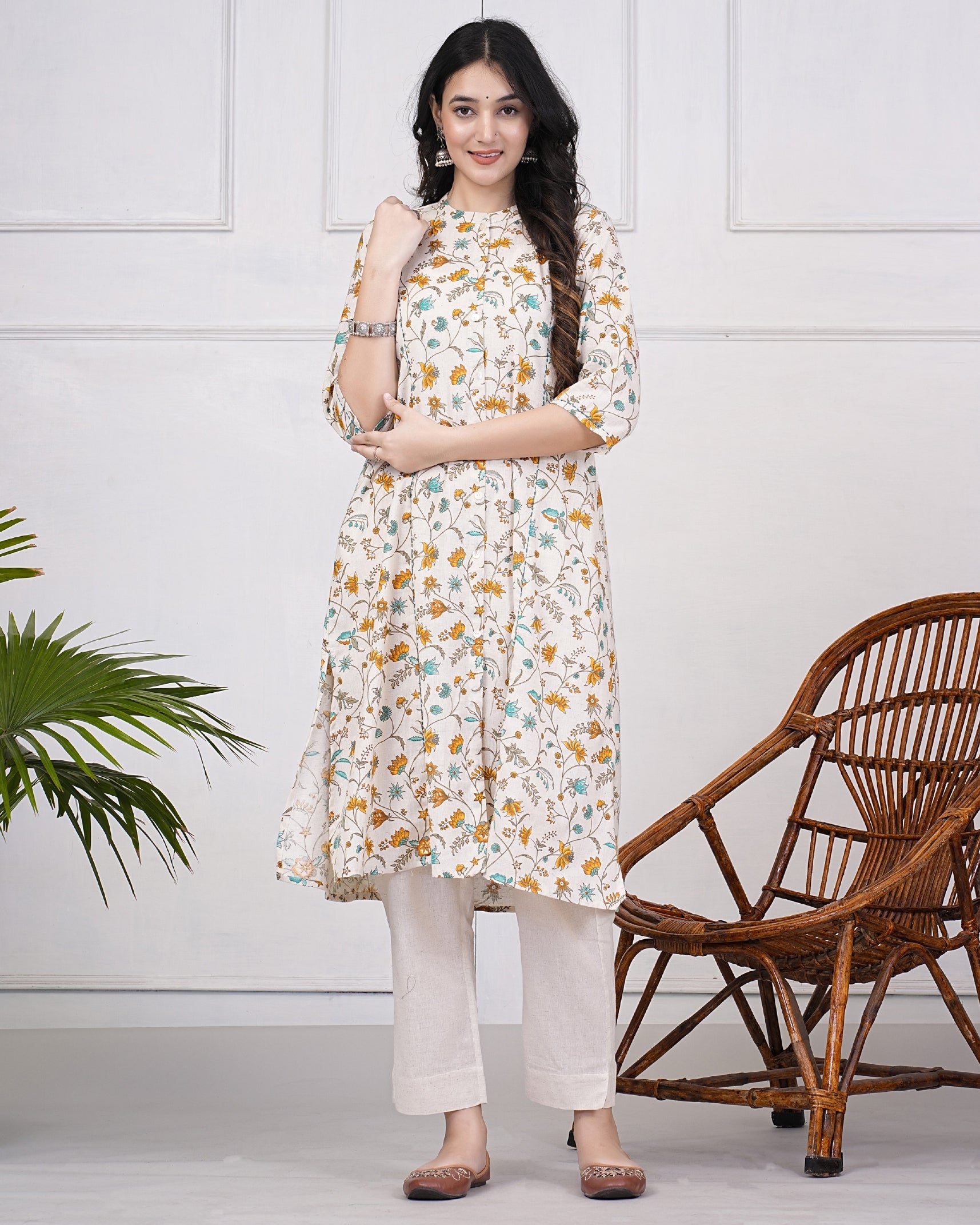 Off-White With Multicolor Floral Print Cotton Kurti