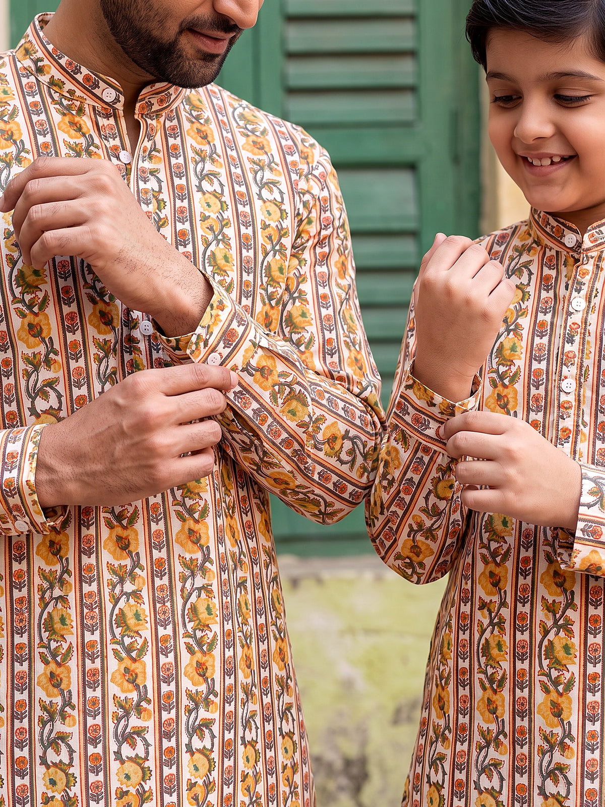 Baap Beta Ivory Yellow floral kurta - cuff detail