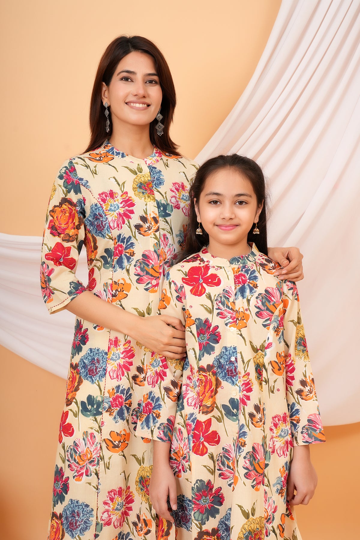 Painted Floral Printed Mandarin Collar Kurti For Maa Beti Duo - Cream