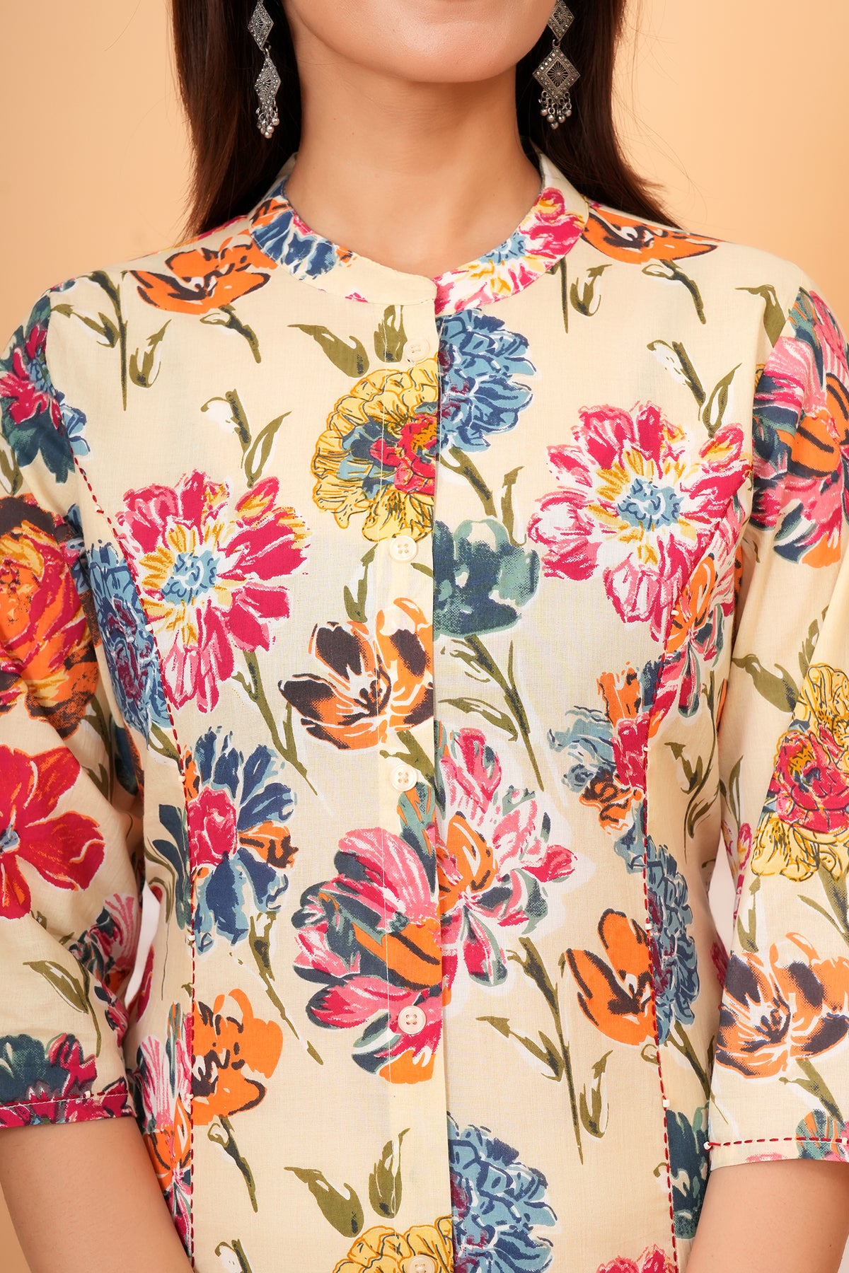 Painted Floral Printed Mandarin Collar Kurti For Maa Beti Duo - Cream