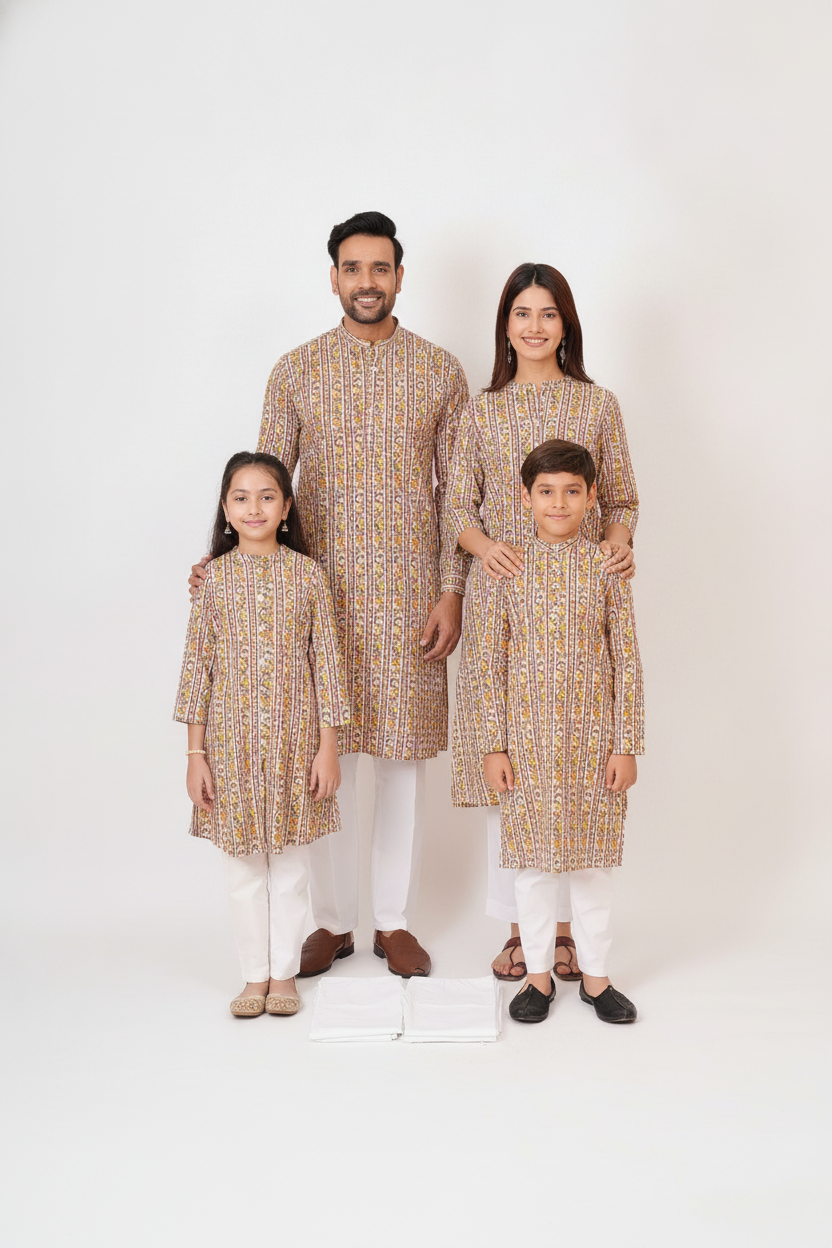 Traditional Floral Print Multicolor Kurti & Kurta Collection Ivory & Yellow - Family Bundle