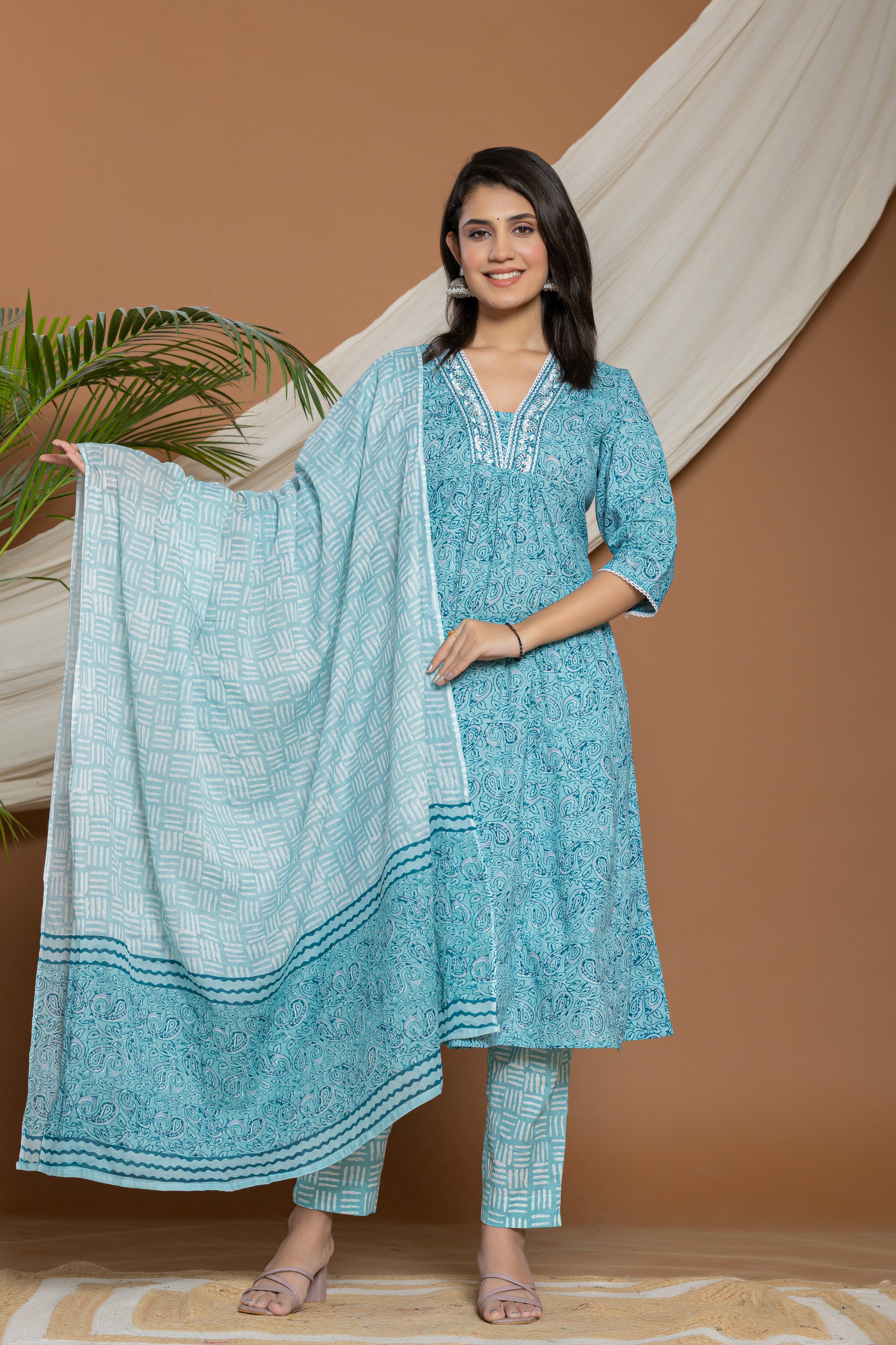 Blue Printed Cotton Kurta With White Embroidered Detailing
