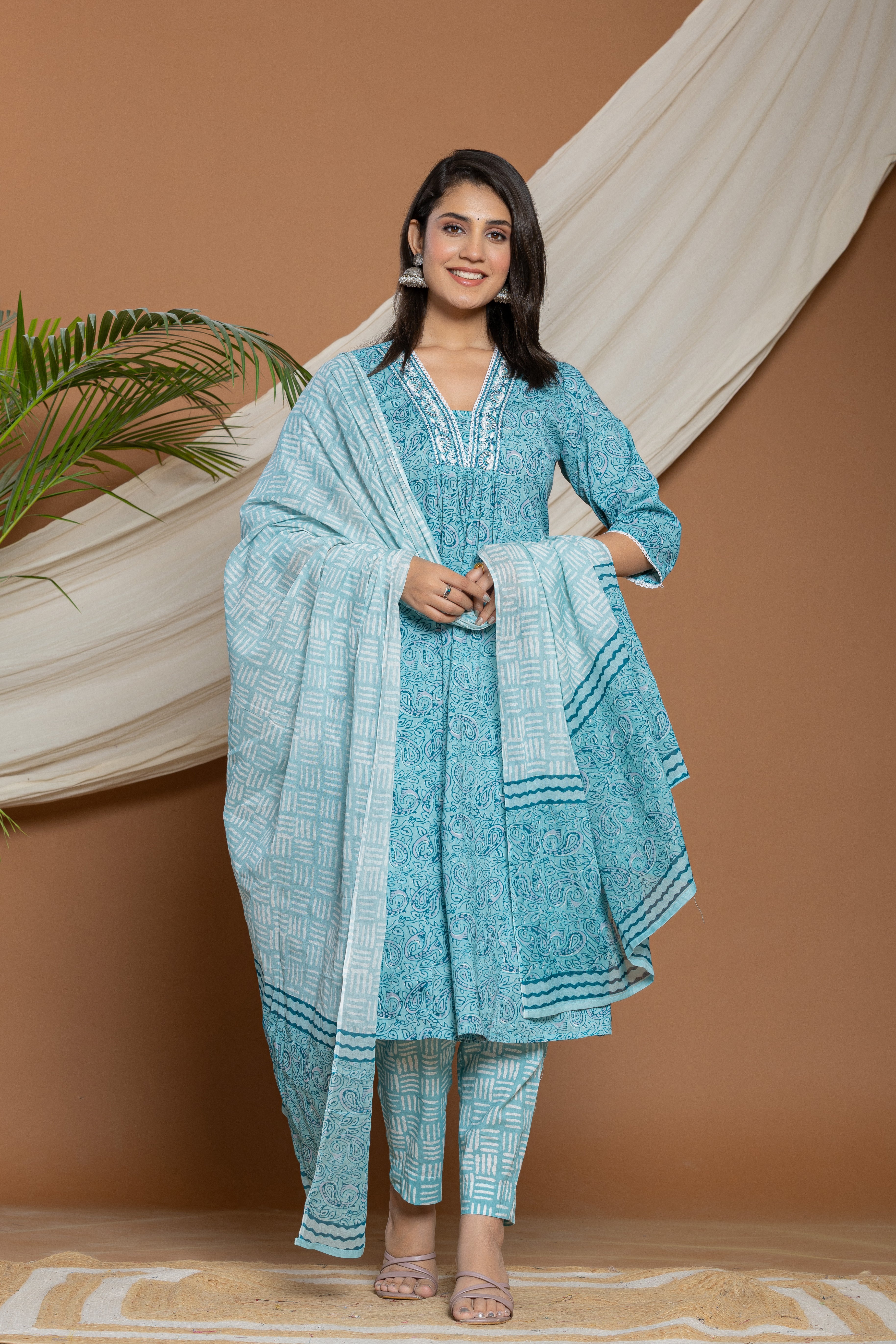 Blue Printed Cotton Kurta With White Embroidered Detailing
