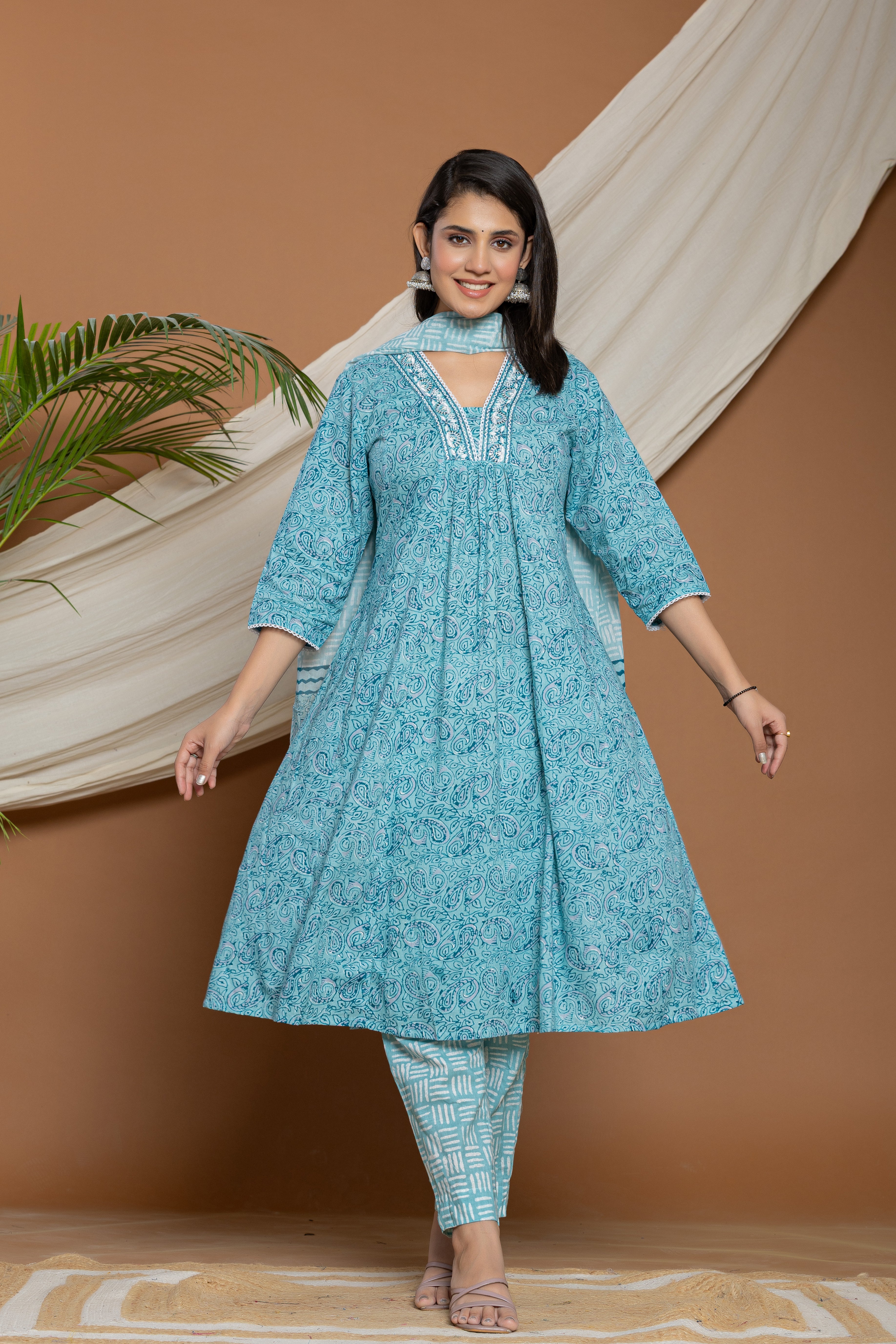 Blue Printed Cotton Kurta With White Embroidered Detailing