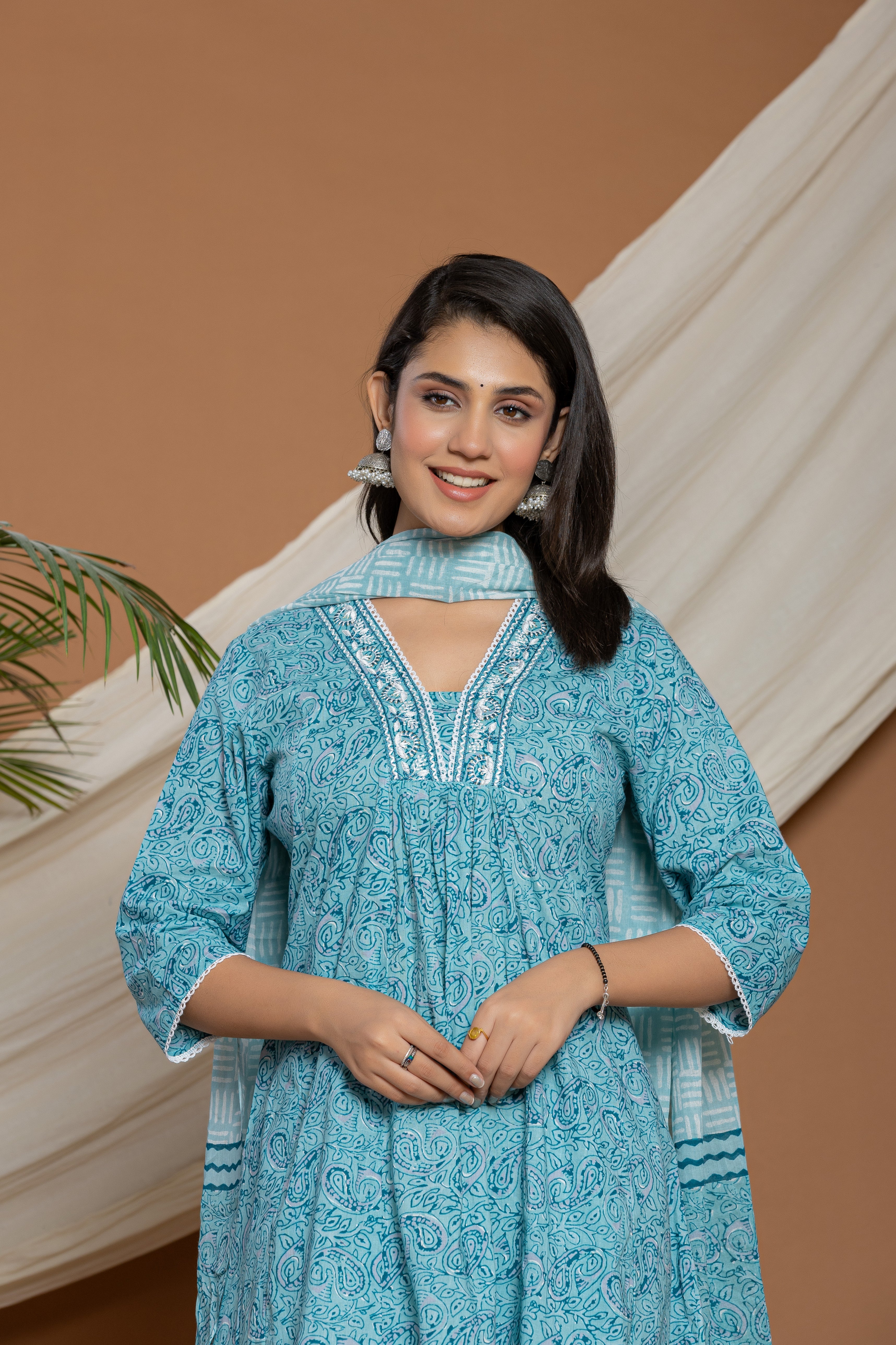 Blue Printed Cotton Kurta With White Embroidered Detailing