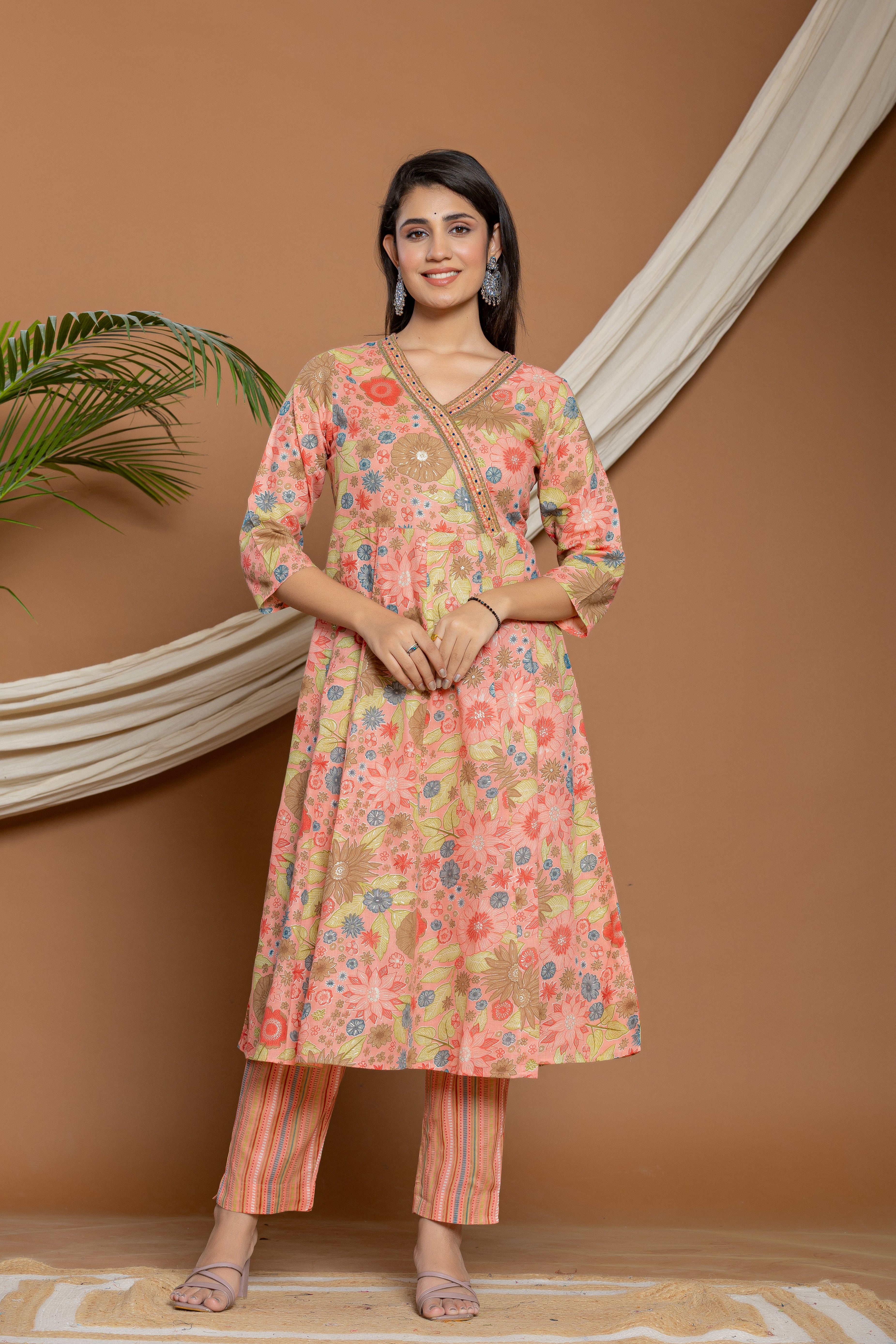 Ladies Peach Floral Printed 3 Pcs Set