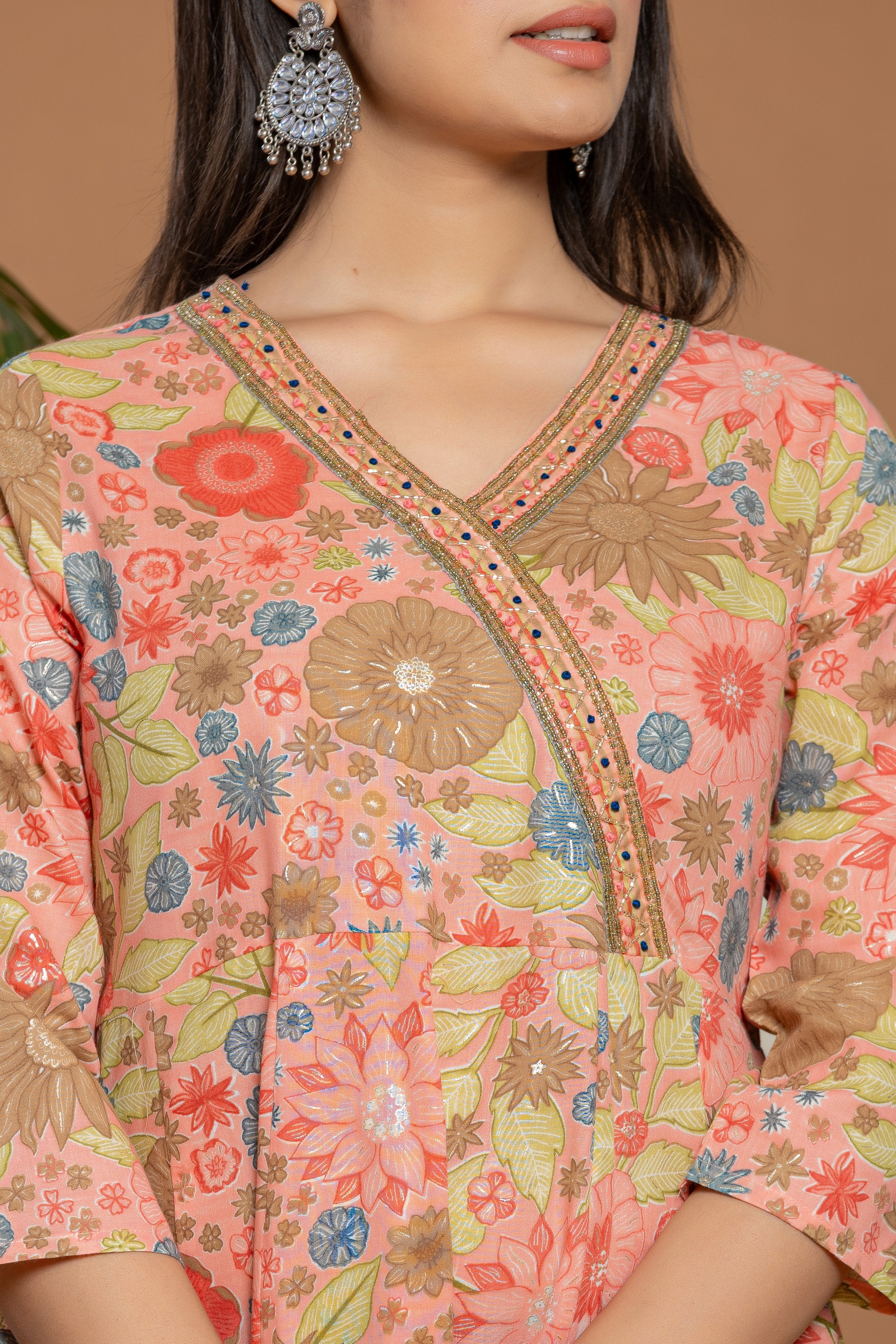Ladies Peach Floral Printed 3 Pcs Set