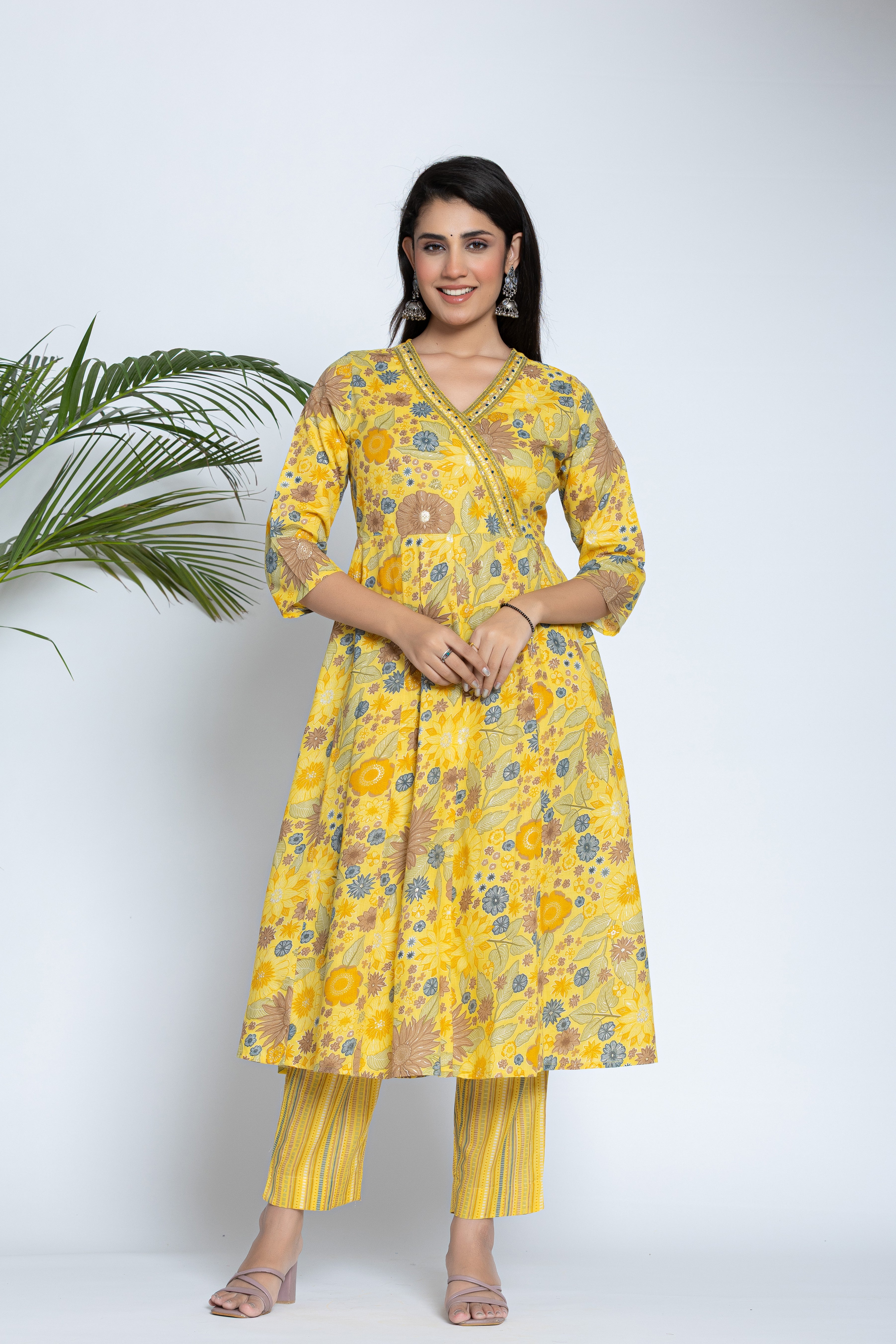 Ladies Yellow Floral Printed 3 Pcs Set