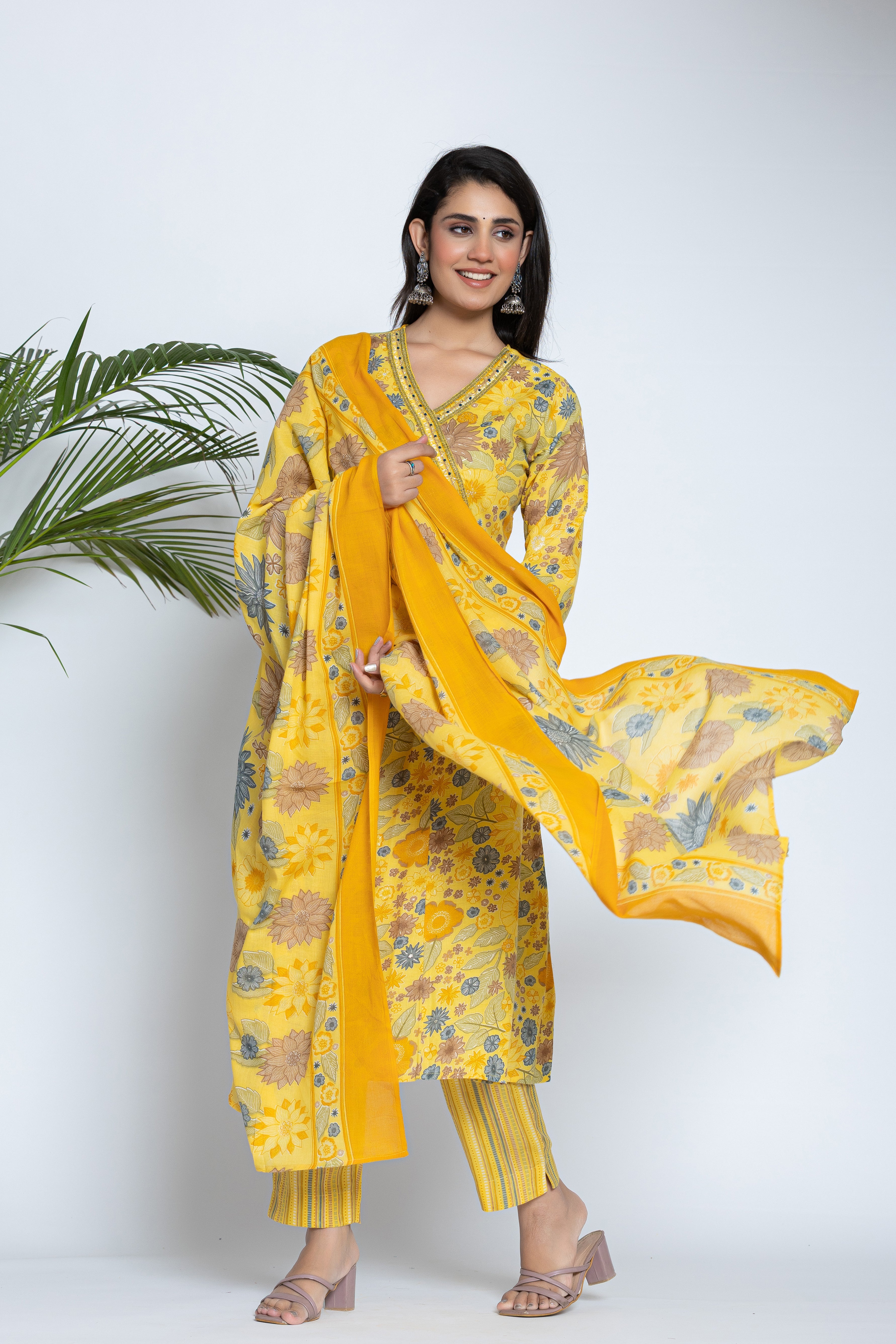 Ladies Yellow Floral Printed 3 Pcs Set