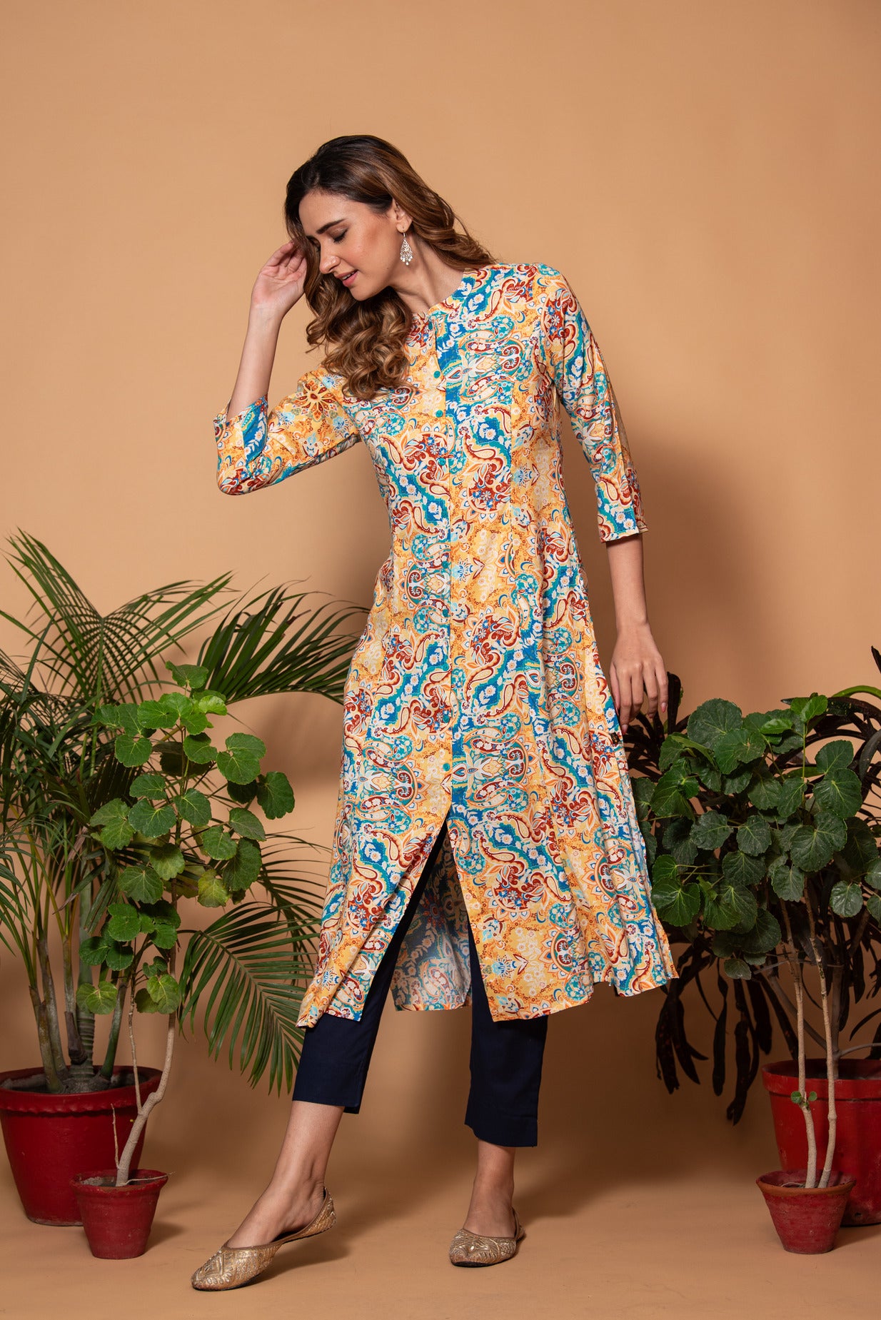 Blue With Yellow Floral Printed Cotton Kurta