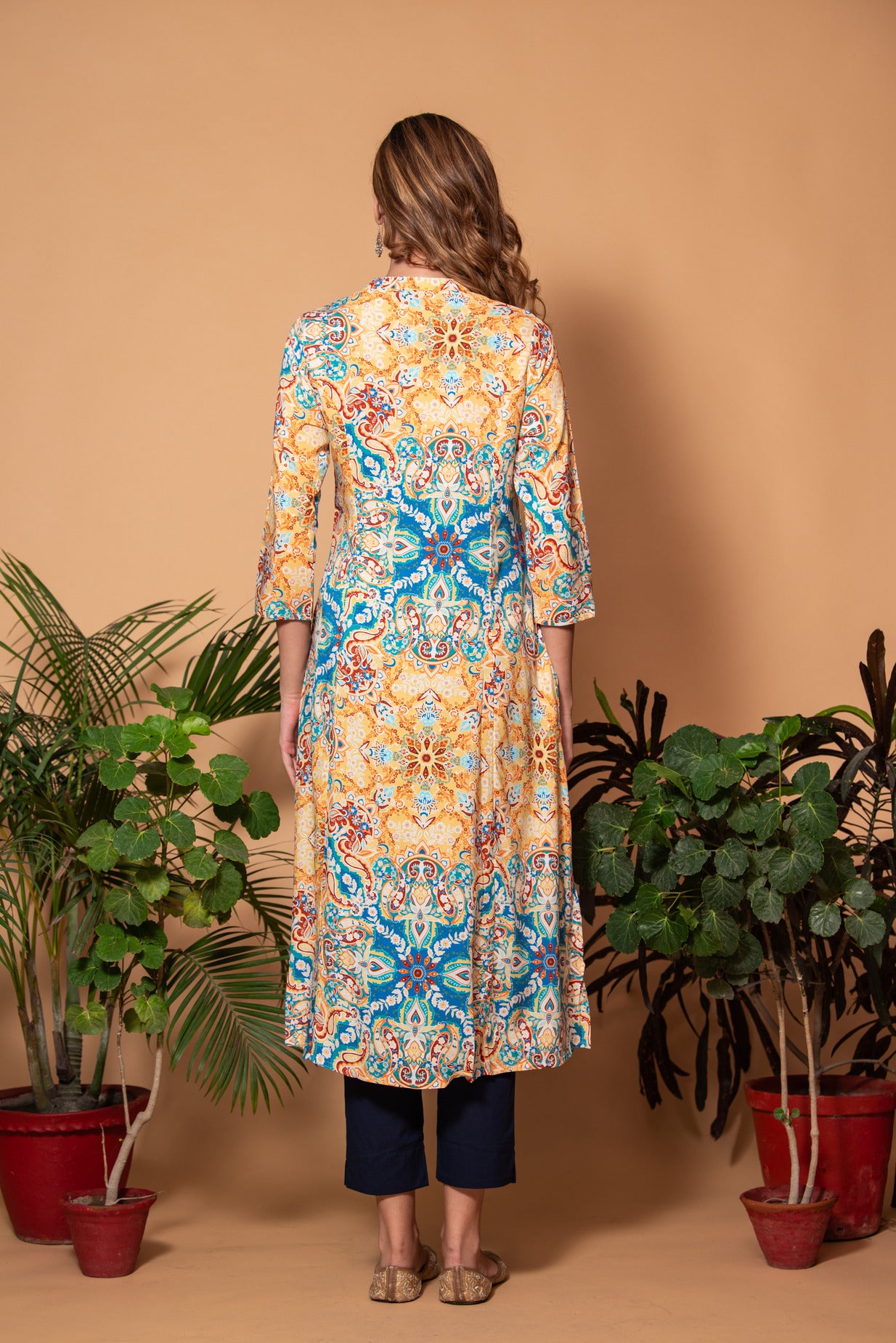 Blue With Yellow Floral Printed Cotton Kurta