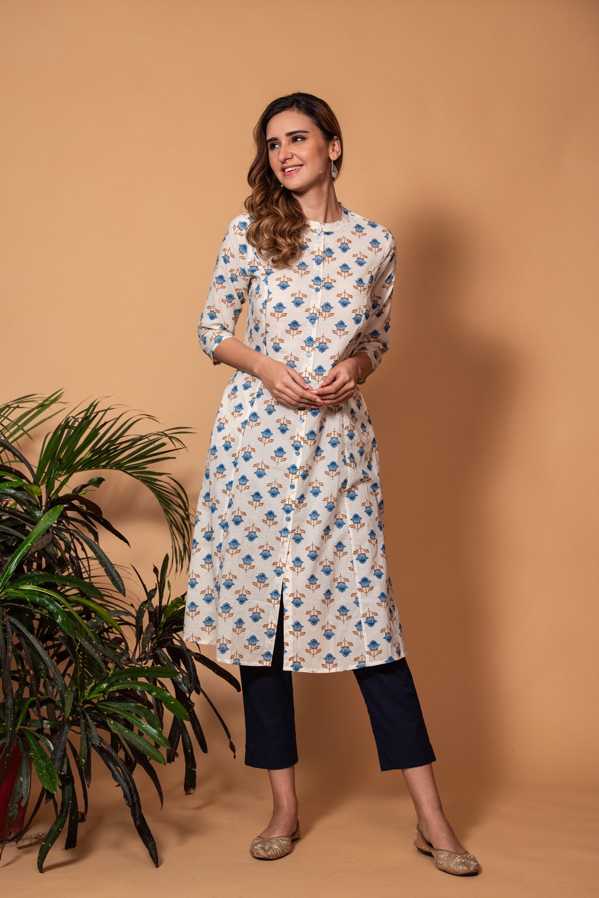 Cream With Blue Floral Printed Cotton Kurti